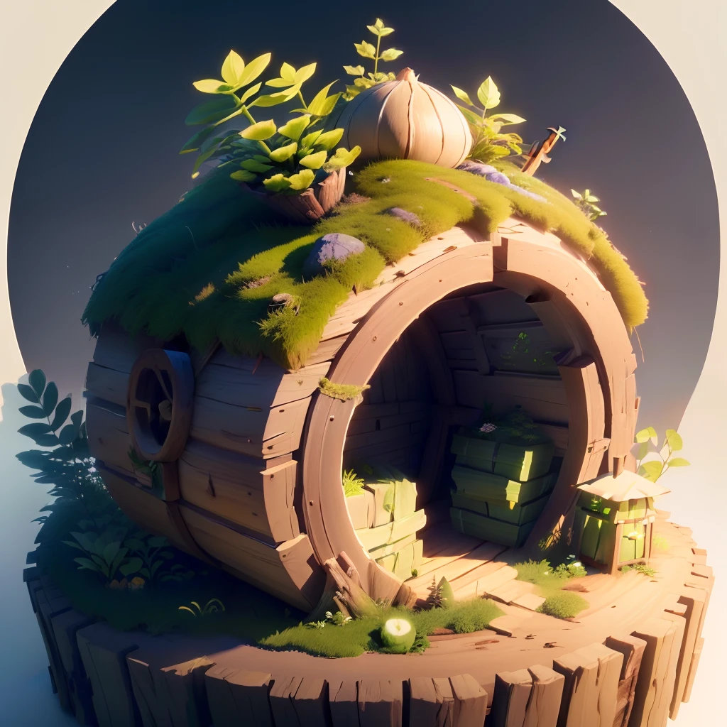 masterpiece, best quality, (extremely detailed CG unity 8k wallpaper), (best quality), (best illustration), (best shadow), A round turnip hut covered with moss, isometric 3D, octane render,ray tracing,ultra detailed