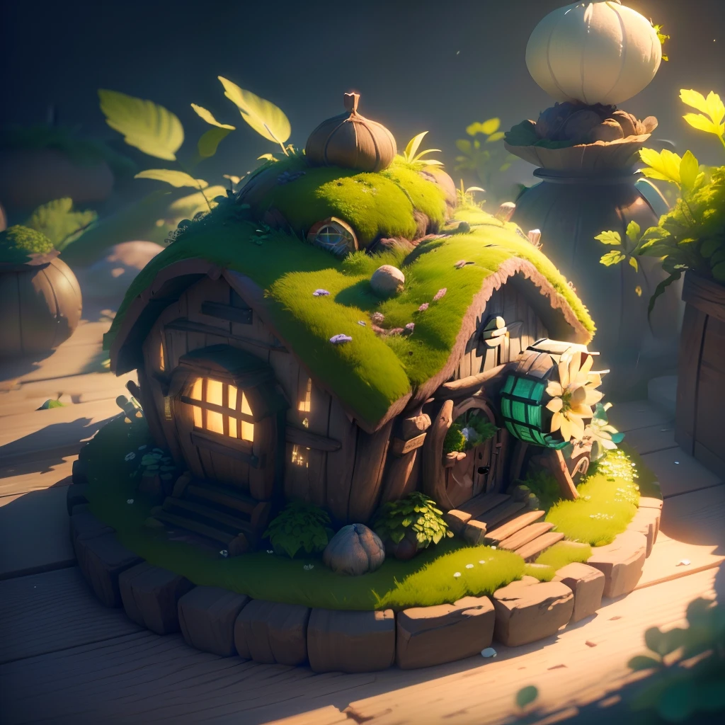 masterpiece, best quality, (extremely detailed CG unity 8k wallpaper), (best quality), (best illustration), (best shadow), A round turnip hut covered with moss， isometric 3D, octane render,ray tracing,ultra detailed