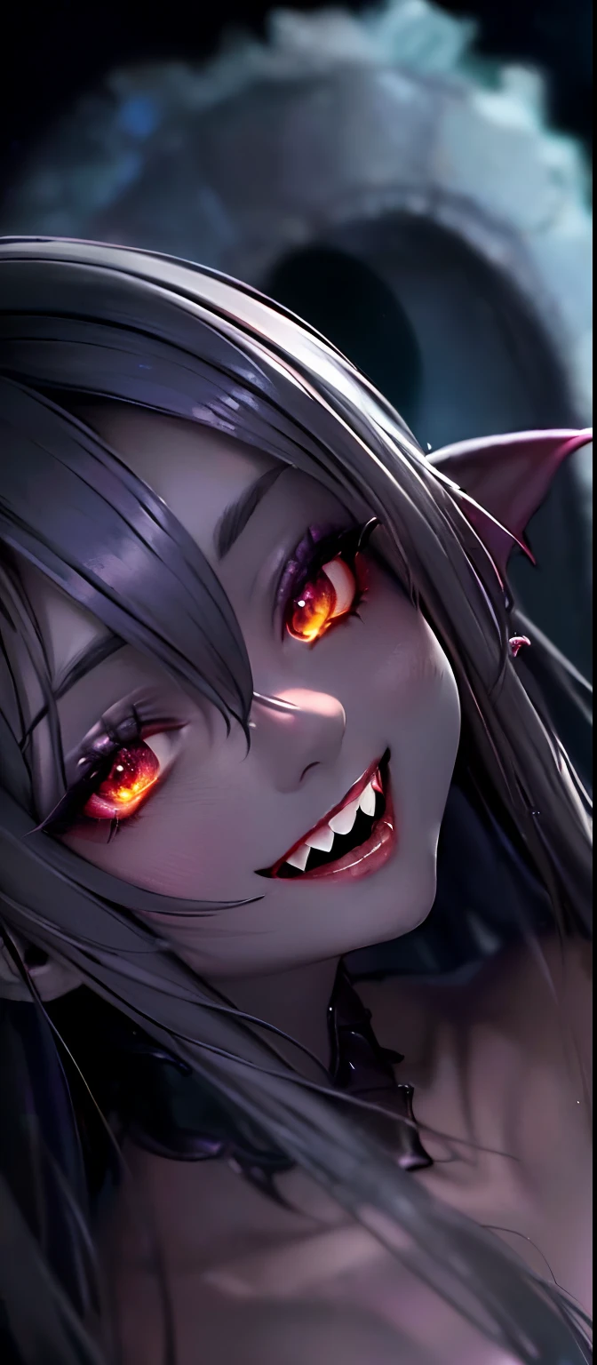 (extremely detailed, dark fantasy cave scene, magical glow)(1girl, vampire theme, dark grey skin, fangs, beautiful grin), (best quality, masterpiece, dim light:1.2)