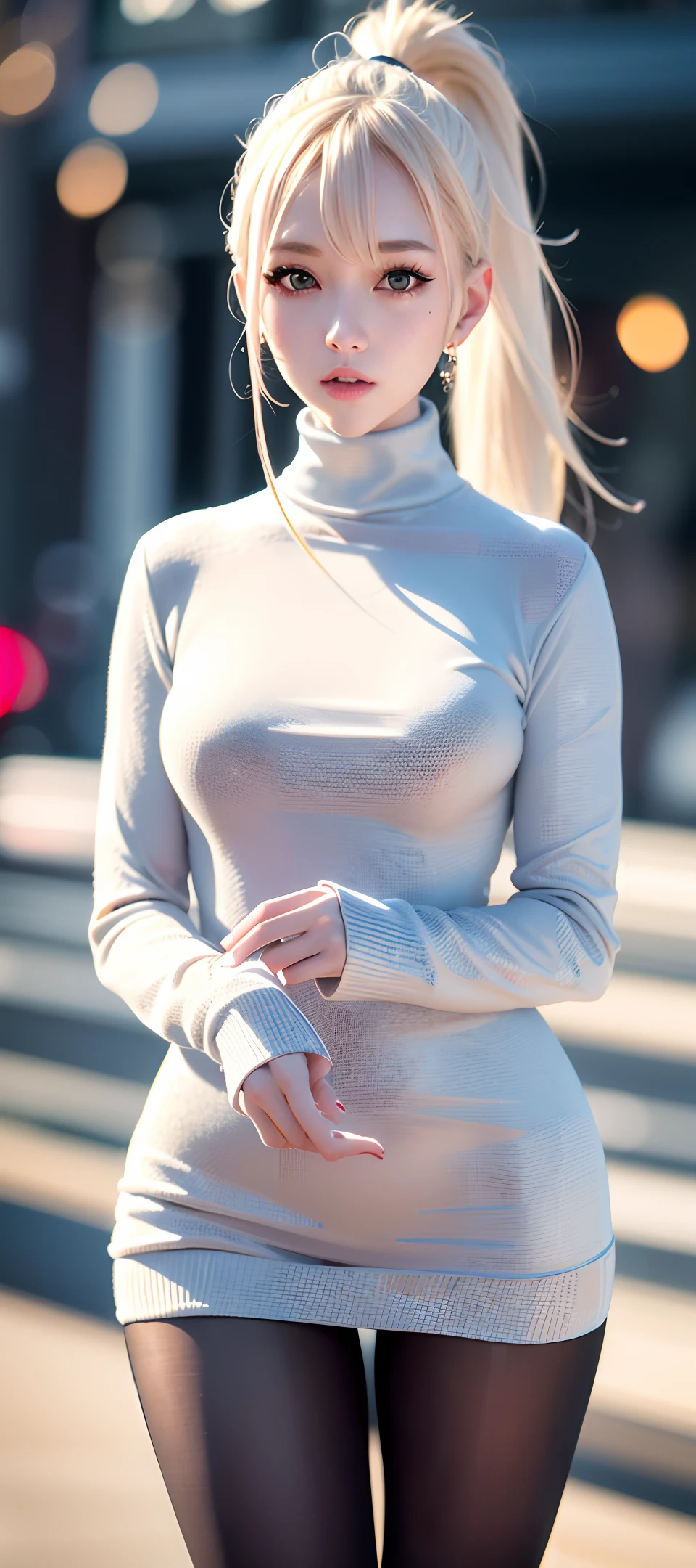 (Best quality details:1.2),realistic,8K UHD,High definition,(1girl:1.2),Ultra Detailed,High quality texture,intricate details,detailed texture,finely detailed,high detail,extremely detailed cg,High quality shadow,Detailed beautiful delicate face,Detailed beautiful delicate eyes,Depth of field,Ray tracing,20's,Pretty Kpop girl,(korean ulzzang face:1.1),slender face,(ulzzang-6500-v1.1:0.6),PureErosFace_V1,Glow Eyes,blush,glossy lips,perfect body, (coat, turtleneck sweater, pantyhose:1.1), (platinum blonde hair, ponytail:1.1), winter_street, snow_particle, christmas,
