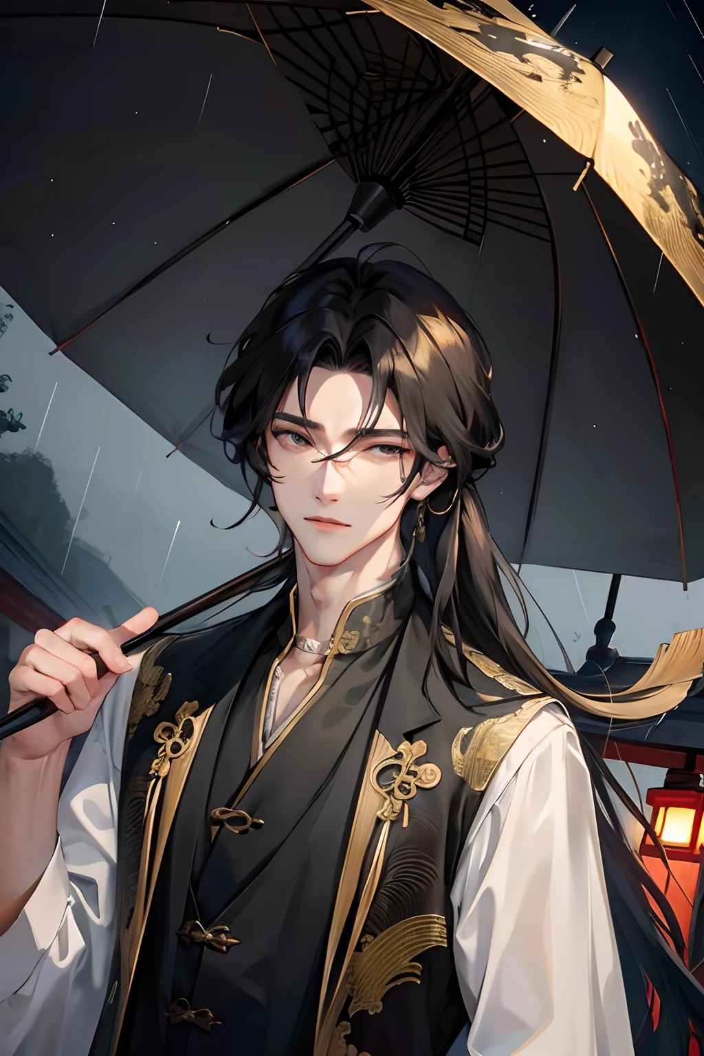 Masterpiece, best quality, outdoor, night, full moon, lakeside, branches, 1 man, mature man, Chinese style, ancient China, black hair, black eyes, forked hair, long hair, long bangs, handsome, handsome, masculine, gentle, tall, calm, black and gold mixed clothing, dragon pattern, prince, umbrella, rainy day, facial fine, facial details,