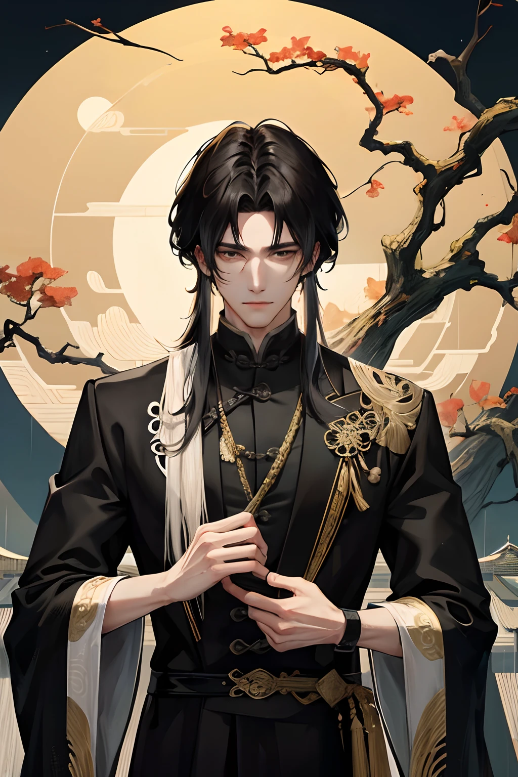 Masterpiece, best quality, outdoor, night, full moon, lakeside, branches, 1 man, mature man, Chinese style, ancient China, black hair, black eyes, forked hair, long hair, long bangs, handsome, handsome, masculine, gentle, tall, calm, black and gold mixed clothing, dragon pattern, prince, umbrella, rainy day, fine facial details, facial details,