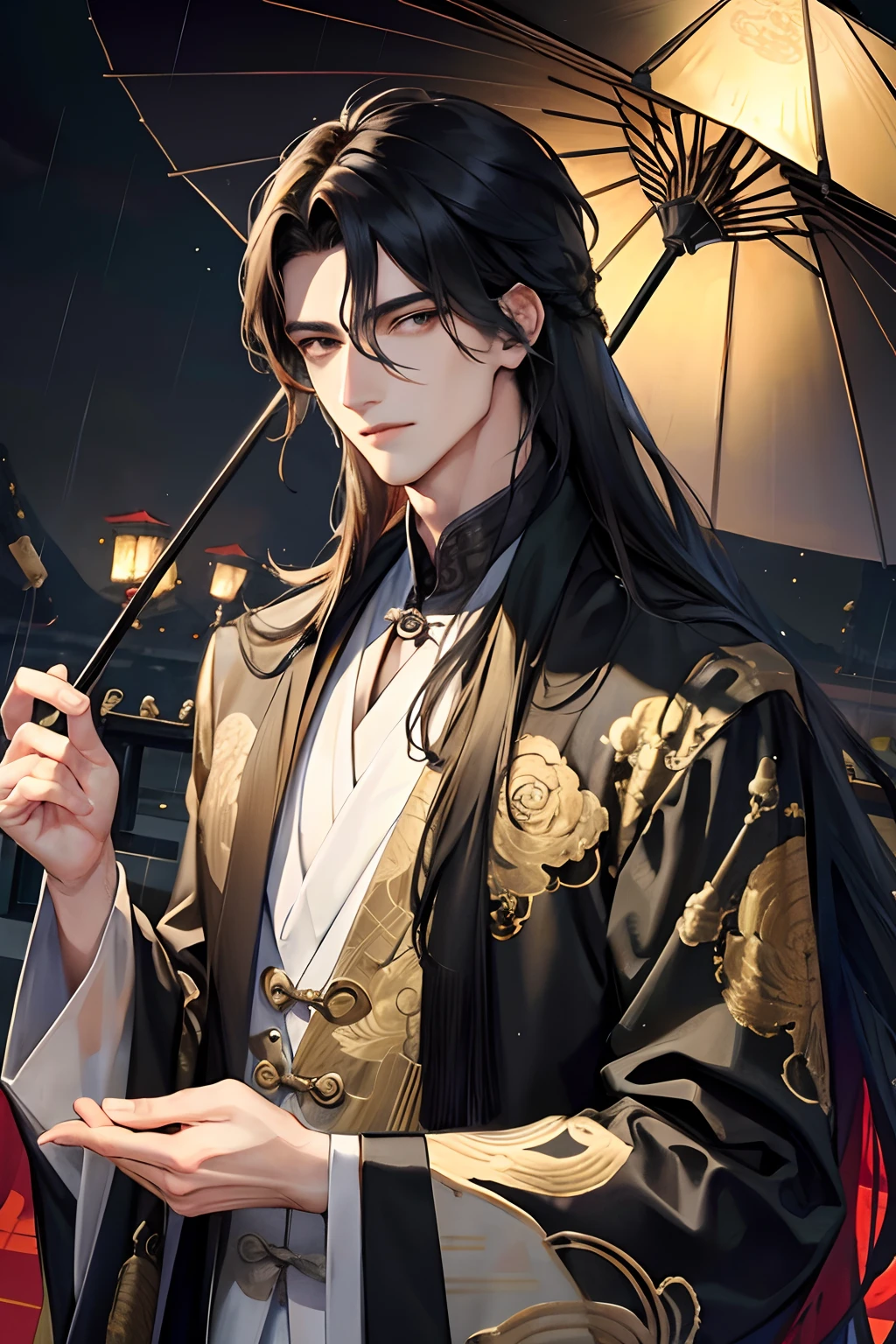 Masterpiece, best quality, outdoor, night, full moon, lakeside, branches, 1 man, mature man, Chinese style, ancient China, black hair, black eyes, forked hair, long hair, long bangs, handsome, handsome, masculine, gentle, tall, calm, black and gold mixed clothing, dragon pattern, prince, umbrella, rainy day, fine facial details, facial details,