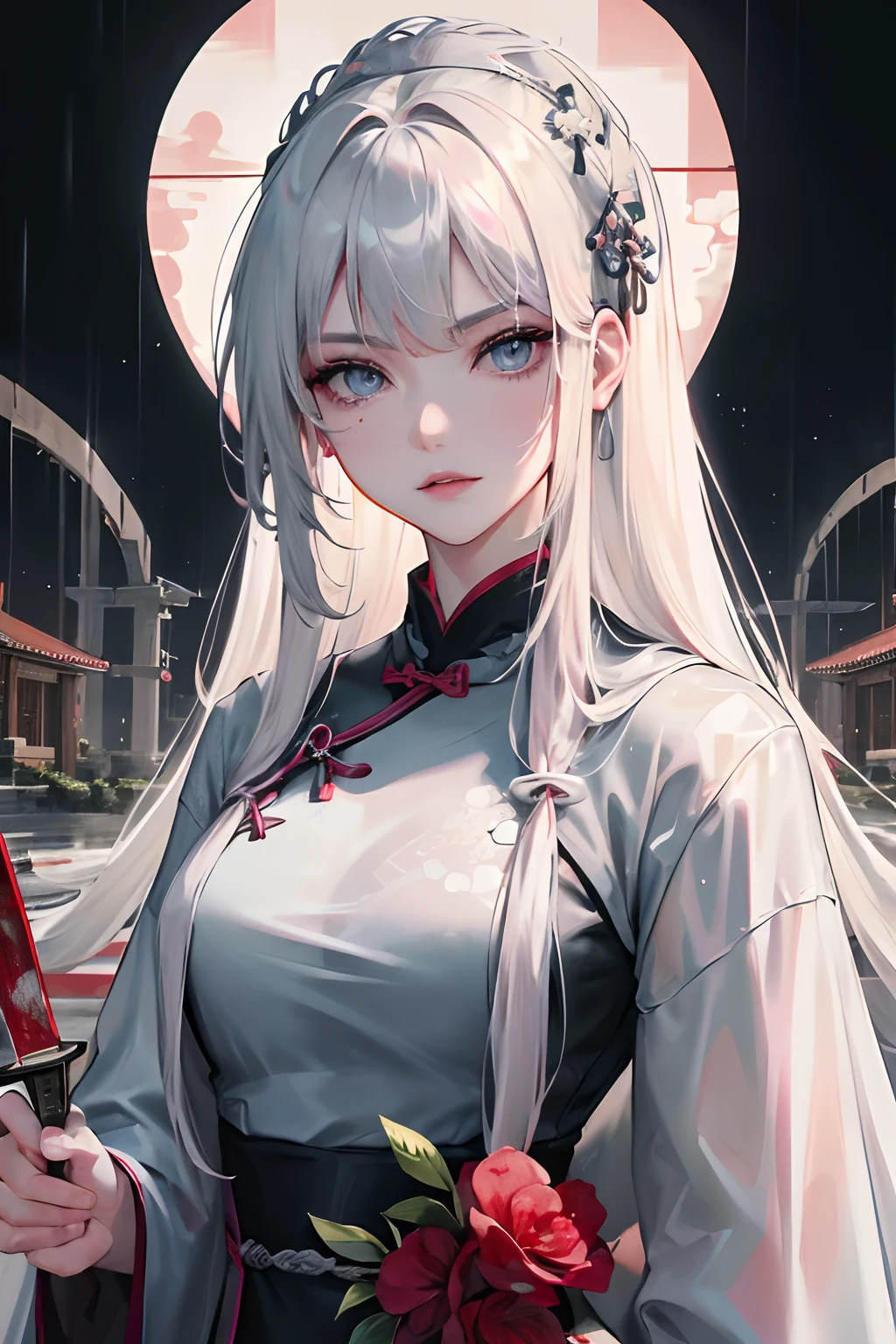 Masterpiece, Best Quality, Night, Outdoor, Rainy Days, Chinese Style, Ancient China, 1 Woman, Mature Woman, Royal Sister, Sister, Silver White Long haired Woman, Grey Blue Eyes, Light Pink Lips, Cold, Serious, Bangs, Assassins, Short Knives, Blood Stains, Blood, Injuries, Fine Face, Fine Face,