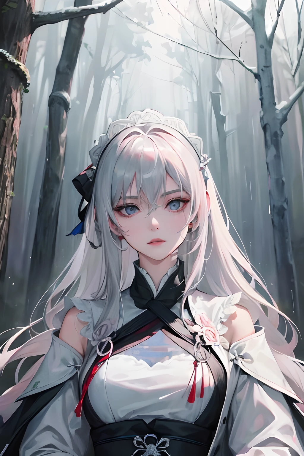 Masterpiece, best quality, night, outdoors, rainy days, lakeside, branches, Chinese style, 1 woman, mature woman, imperial sister, sister, silver white long haired woman, gray blue eyes, light pink lips, cold, serious, bangs, assassins, short knives, blood stains, blood, injuries, delicate face, delicate face,