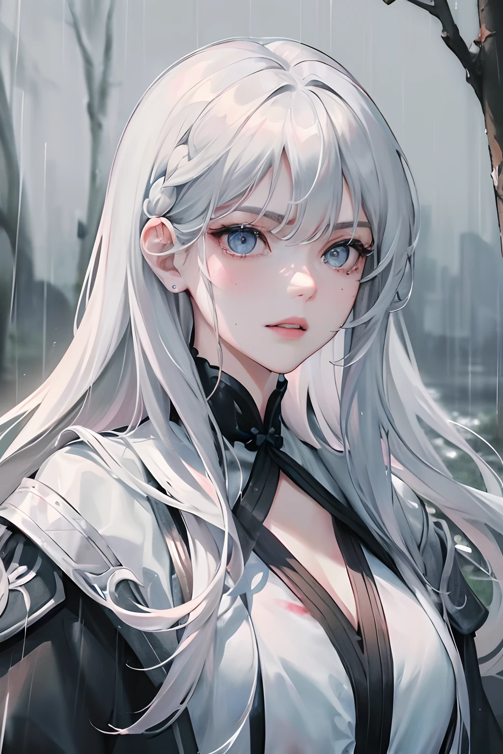 Masterpiece, Best Quality, Night, Outdoor, Rainy Days, Lakeside, Branches, Chinese Wind, 1 Woman, Mature Woman, Royal Sister, Sister, Silver White Long haired Woman, Grey Blue Eyes, Light Pink Lips, Cold, Serious, Weak, Bangs, Assassins, Short Knives, Blood Stains, Blood, Injuries, Rain, Raindrops, Fine Face, Fine Face,