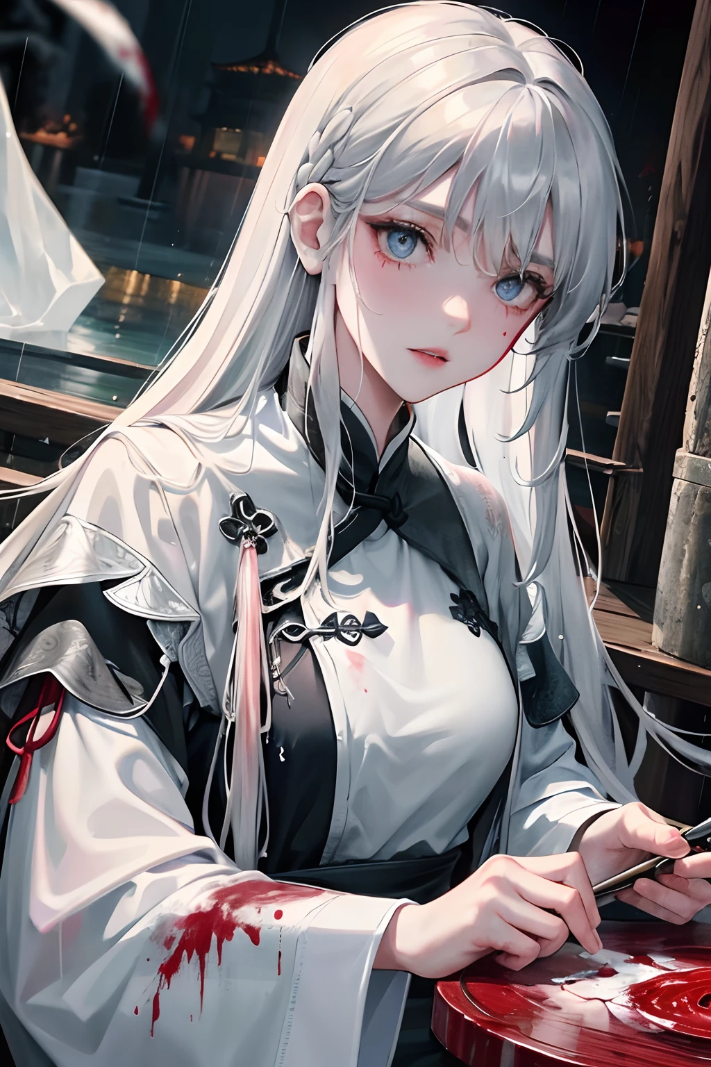 Masterpiece, best quality, night, outdoors, rainy days, lakeside, branches, Chinese style, ancient China, 1 woman, mature woman, imperial sister, sister, silver white long haired woman, gray blue eyes, light pink lips, cold, serious, weak, bangs, assassins, short knives, white clothes, black clothing patterns, blood stains, blood, injuries, blood on face, blood on clothes, rain, raindrops, delicate face, delicate face,