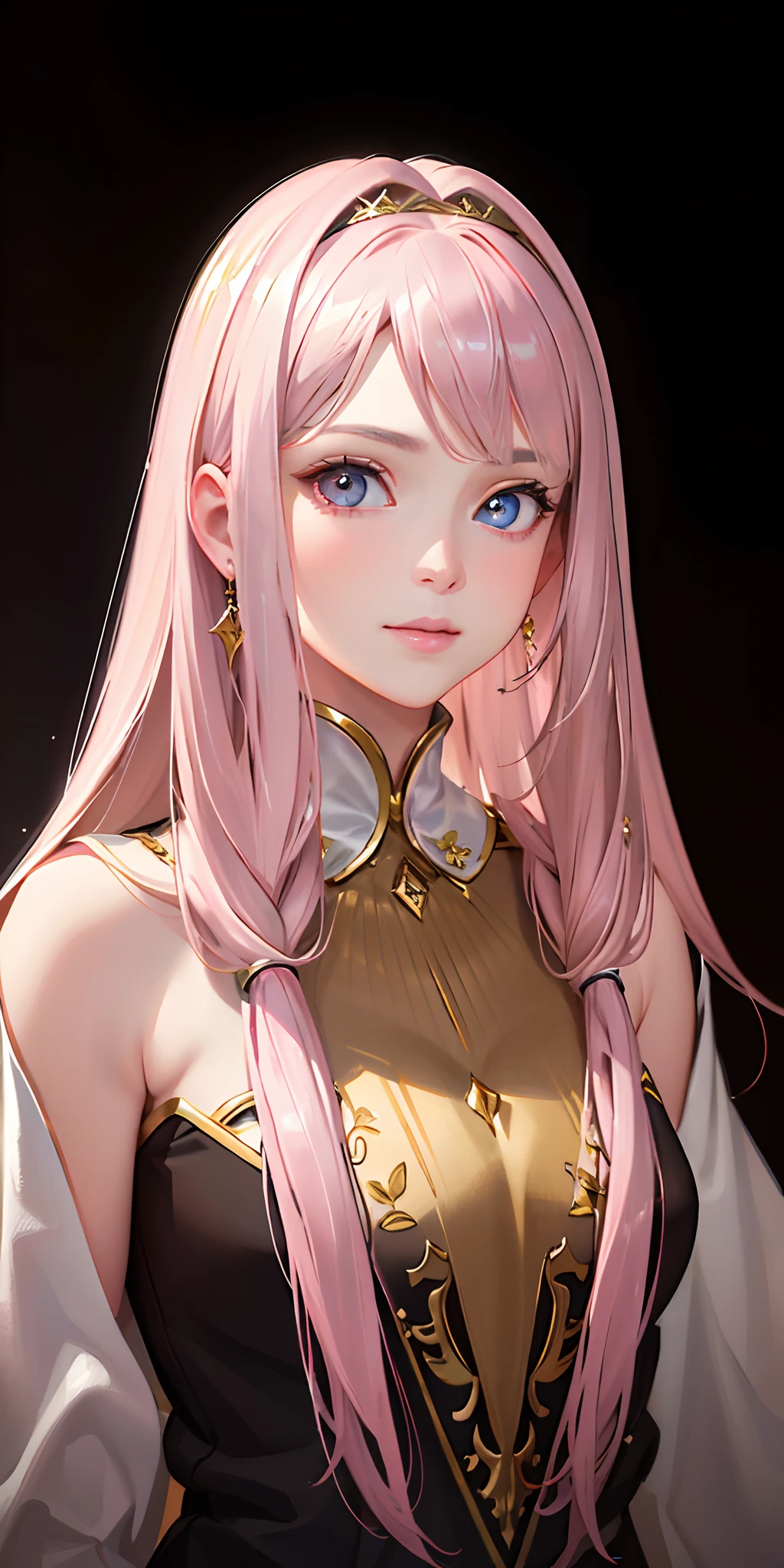 (photorealistic:1.4), (masterpiece, sidelighting, finely detailed beautiful eyes: 1.2), masterpieceportrait, realistic, 3d face, glowing eyes, shiny hair, rous skin, solo, melancholic, royal robe, light pink hair,