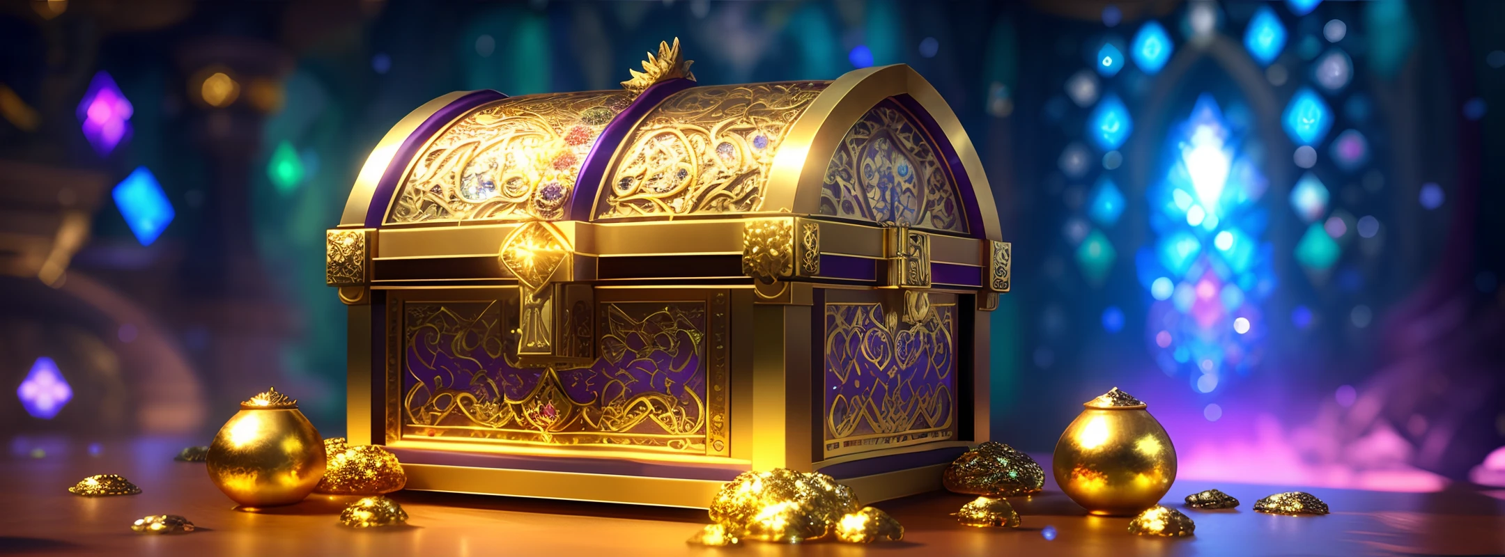 a treasure chest is featured in this banner. The chest is made of gold and adorned with intricate details that glow and sparkle in the mystical neon lighting，The chest is shown in the process of opening, revealing piles of glittering jewels and gold coins inside，The background features a fantastical game world with magical purple and blue hues, and is rendered using 3D modeling to add depth and richness to the overall composition. elegant,fantasy, global illumination, backlighting,bloom, ((cold light)), sharp focus, photo realistic, background out of focus, cinematic composition , ultra-detailed, realistic , hyper-realistic , volumetric lighting, 8k, trending on artstation