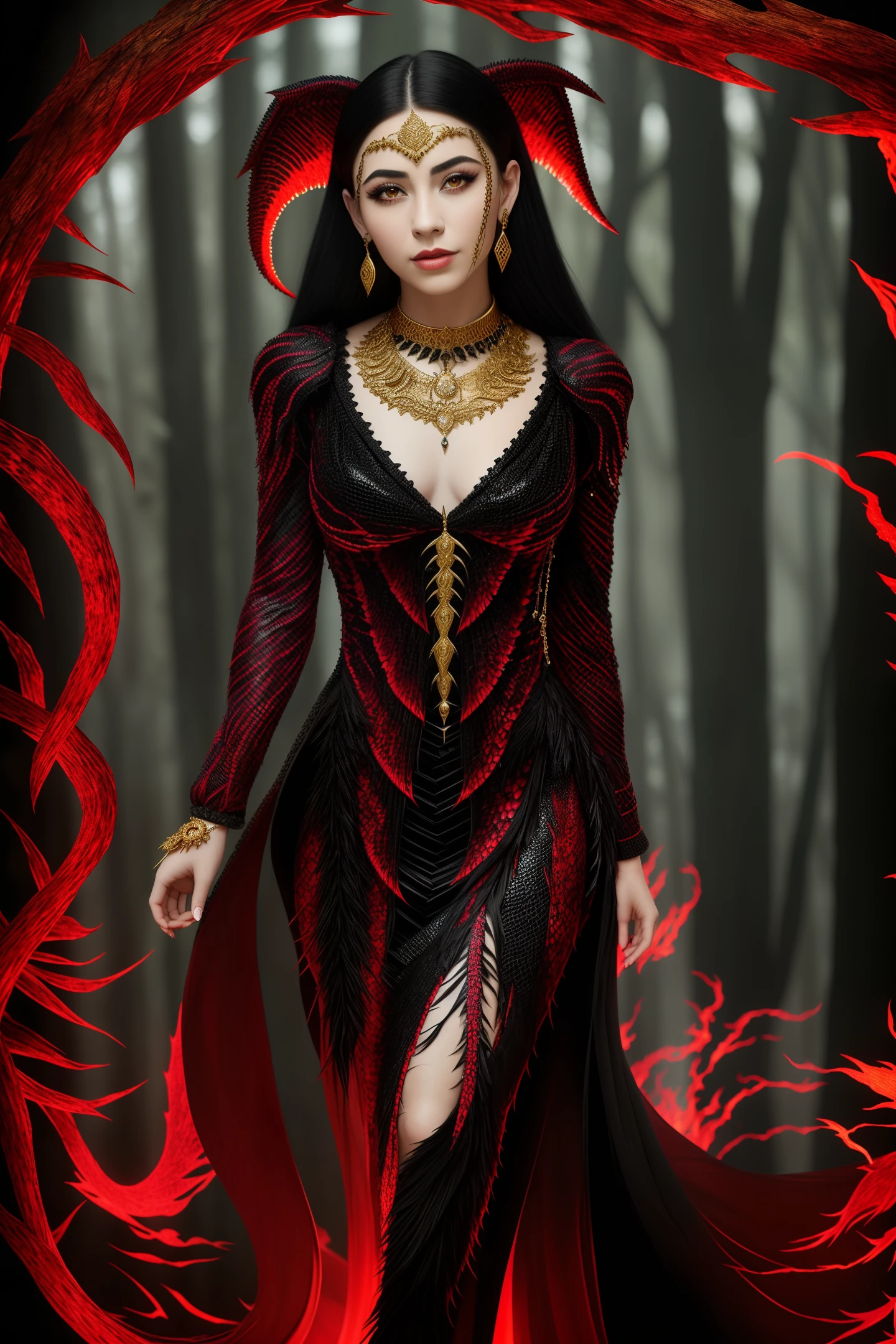 masterpiece, best quality, 1lady, Pretty, Black hair, {Red glowing eyes}, Black dragon scales, black dragon tail, Dark Forest, firelight, Arkenberg diamonds, scorn, Richly decorated clothes, Pick and dye your hair, Gold cumbersome decoration, chain