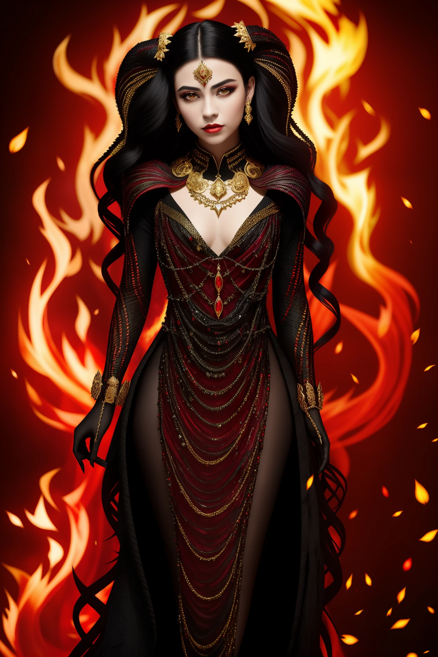 masterpiece, best quality, 1lady, Pretty, Black hair, {Red glowing eyes}, Black dragon scales, black dragon tail, Dark Forest, firelight, Arkenberg diamonds, scorn, Richly decorated clothes, Pick and dye your hair, Gold cumbersome decoration, chain