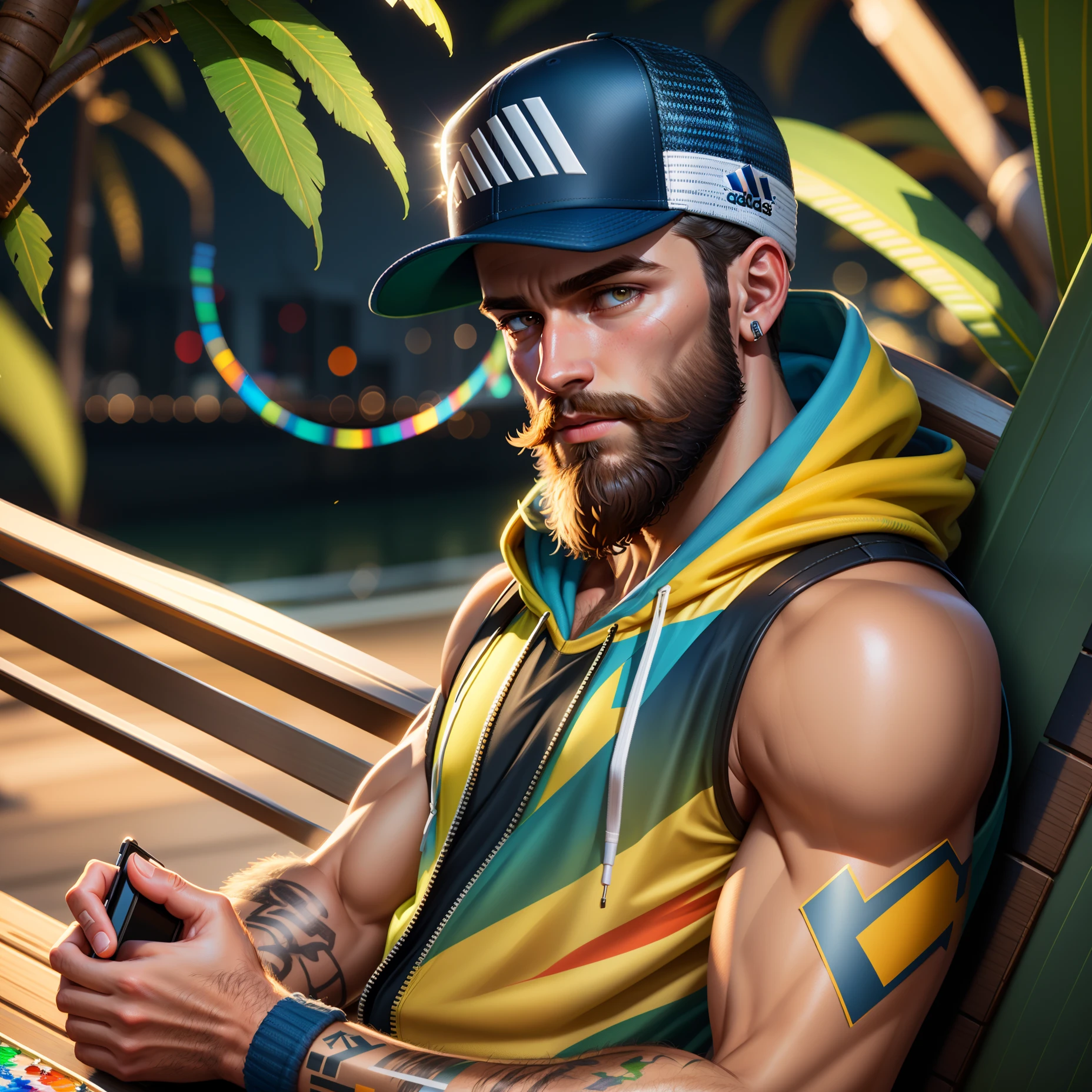 Highly detailed RAW color Photo, sexy man, on phone, (detailed skin), (detailed beard), (detailed snapback), (tropical setting) (detailed face), chromatic aberration, depth of field, soft lighting, masterpiece, best quality, (lens flare:0.7), (bloom:0.7), particle effects, raytracing, tone mapped, highly detailed, concept art, smooth, sharp focus, dramatic lighting, highly detailed artwork, hyper realistic painting, 8K, incredible shadows, realistic, hoodie, adidas