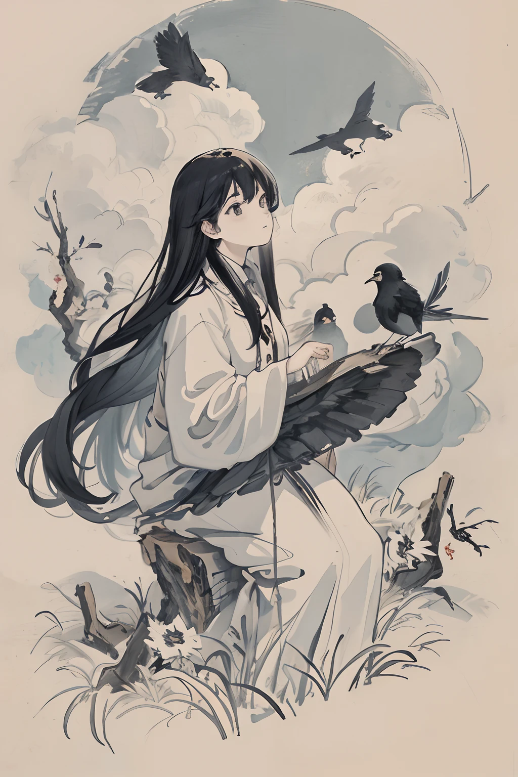 masterpiece, best quality, night, hill, clouds, day, long hair, woman, birds.