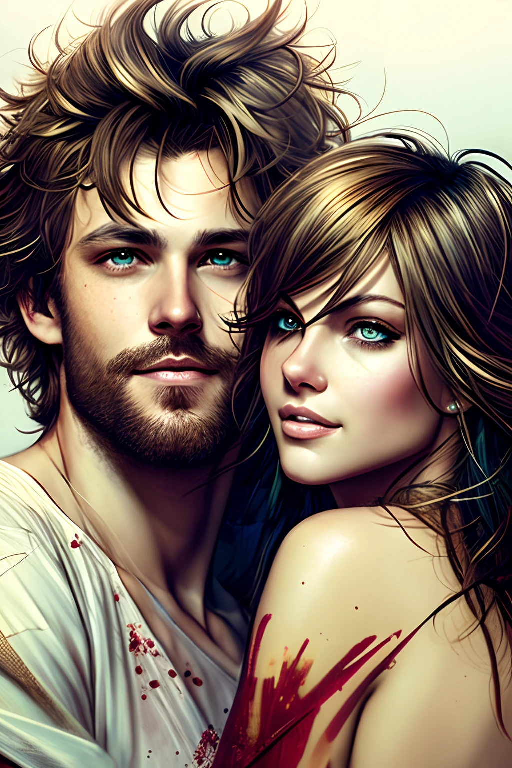 couple, beautiful women, sexy man, (swag), (smirk), (love), beautiful detailed eyes, (messy hair), drawn by Greg Rutkowski, (Yoji Shinkawa:0.3)