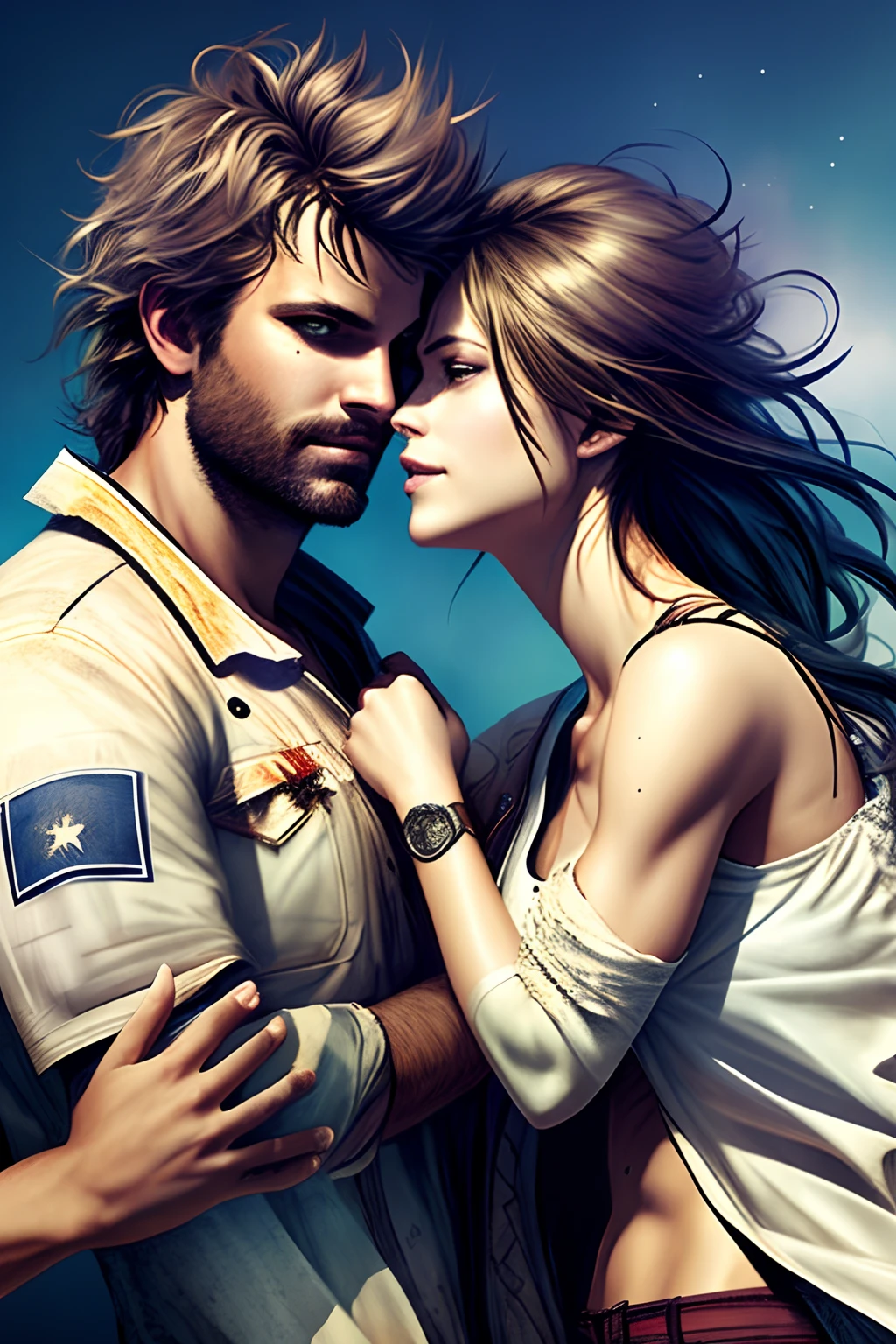 couple, beautiful women, y man, (swag), (smirk), (love), beautiful detailed eyes, (messy hair), drawn by Greg Rutkowski, (Yoji Shinkawa:0.3)