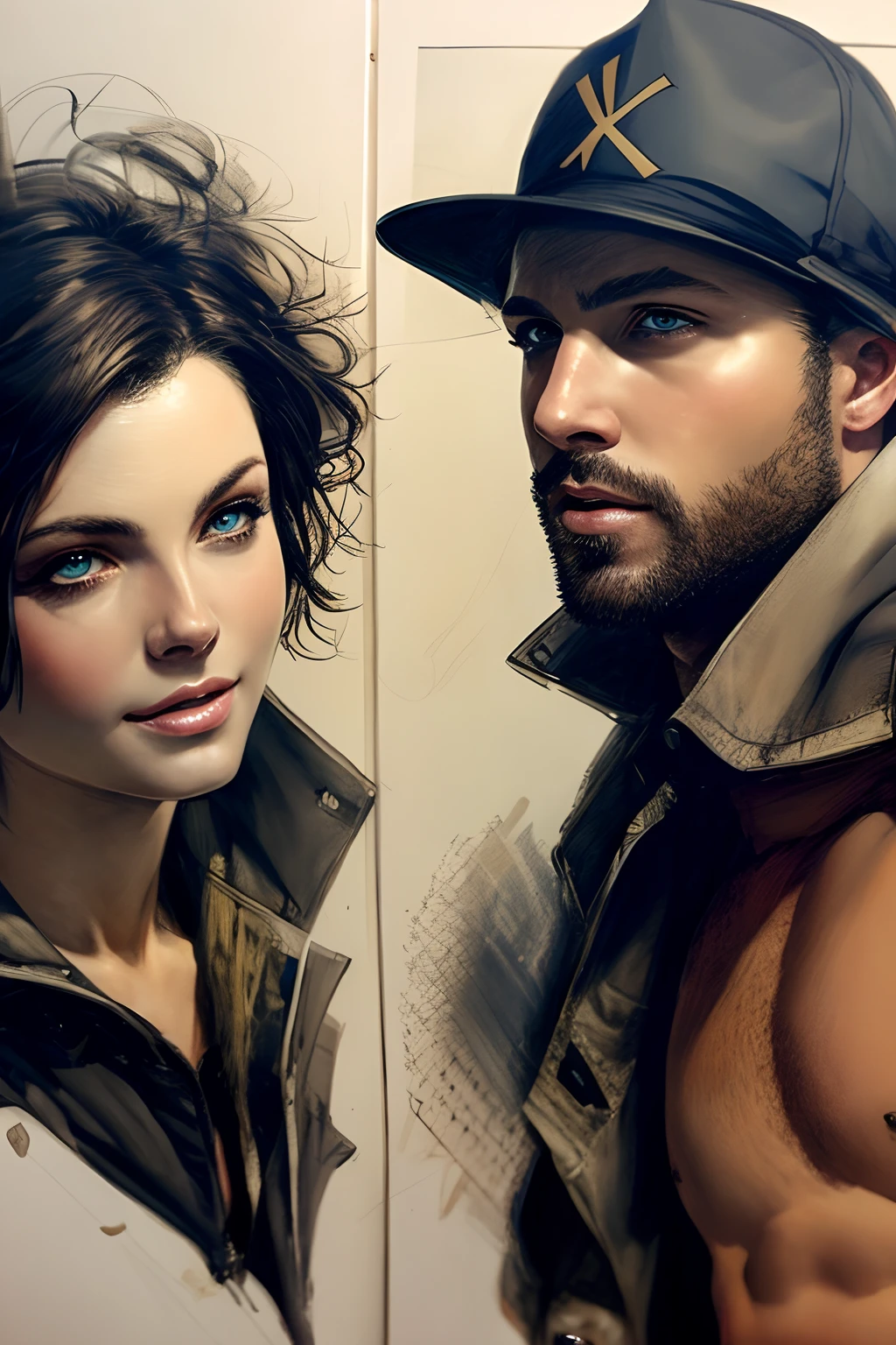 couple, beautiful women, sexy man, (love), beautiful detailed eyes, drawn by Greg Rutkowski, (Yoji Shinkawa:0.3)