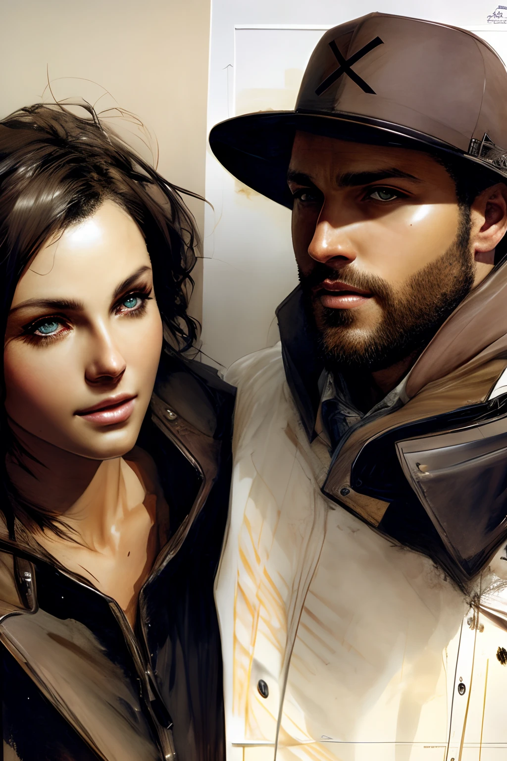 couple, beautiful women, sexy man, (love), beautiful detailed eyes, drawn by Greg Rutkowski, (Yoji Shinkawa:0.3)