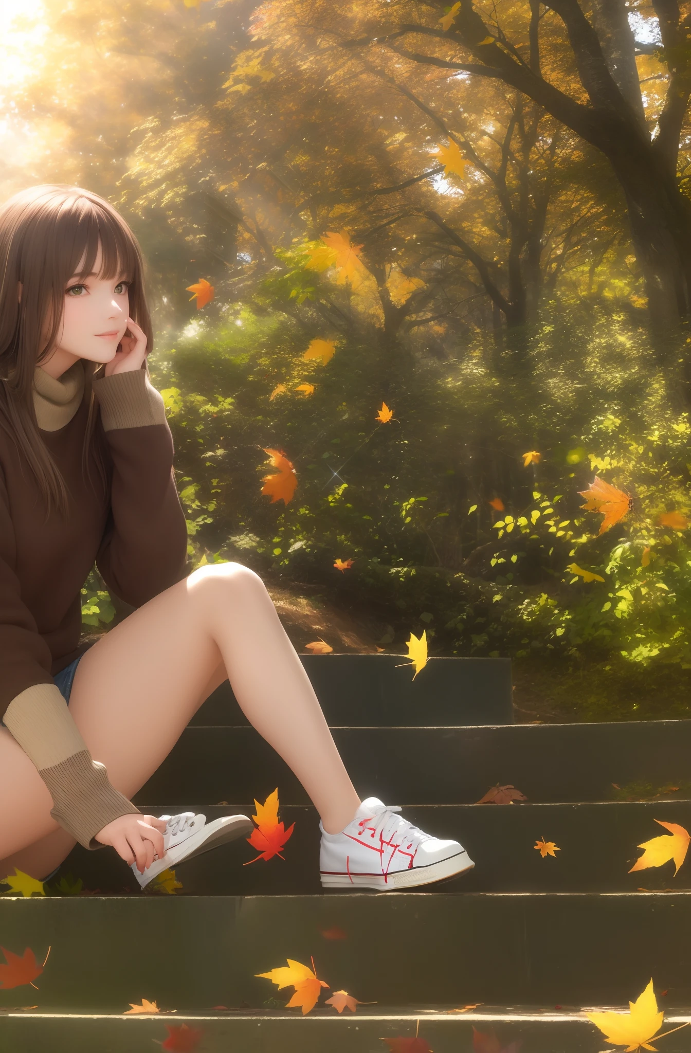 best quality, masterpiece,
(adult:1.6) beautiful woman, (smirk:0.4), 
long brown hair,
emerald eyes,
sitting on steps,
falling autumn leaves,
concrete steps,
converse,
leafy background,
 floating light particles, 