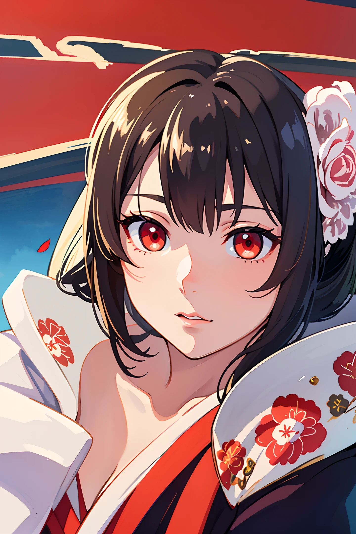 (masterpiece:1.2, best quality), (finely detailed beautiful eyes: 1.2), ((1girl)), ((solo)), (red eyes:1.4), (finely detailed eyes and detailed face:1.3), (beautiful and clear background:1.2), (extremely detailed CG, ultra-detailed, best shadow:1.1), ((depth of field)), ((watercolor)), (oni:1.5), (kimono:1.3), large breasts, bare shoulders, flowers and petals, beautiful concept illustration, (white background:0.5), (illustration:1.1), (extremely fine and beautiful:1.1), (perfect details:1.1), from side, cowboy shot,