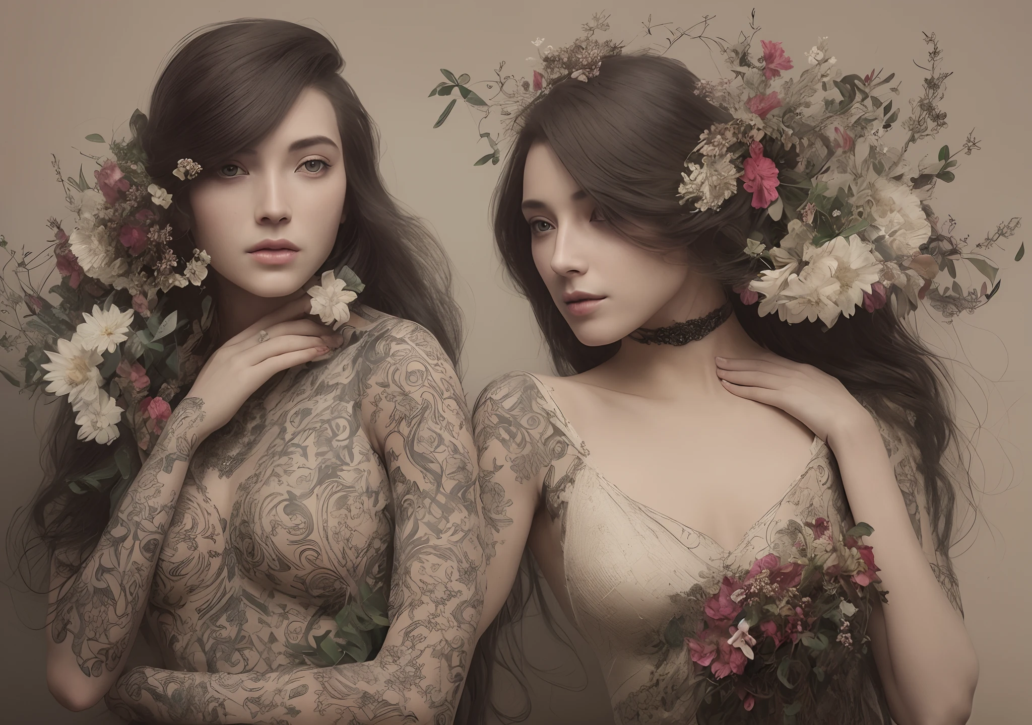 Perfect women, tattooed, flowers, by Ed Blinkey, Atey Ghailan, Alphonse Mucha, Antonio Moro, trending on ArtStation, trending on CGSociety, Intricate, High Detail, Sharp focus, dramatic, action movie poster, photorealistic art by midjourney and greg rutkowski