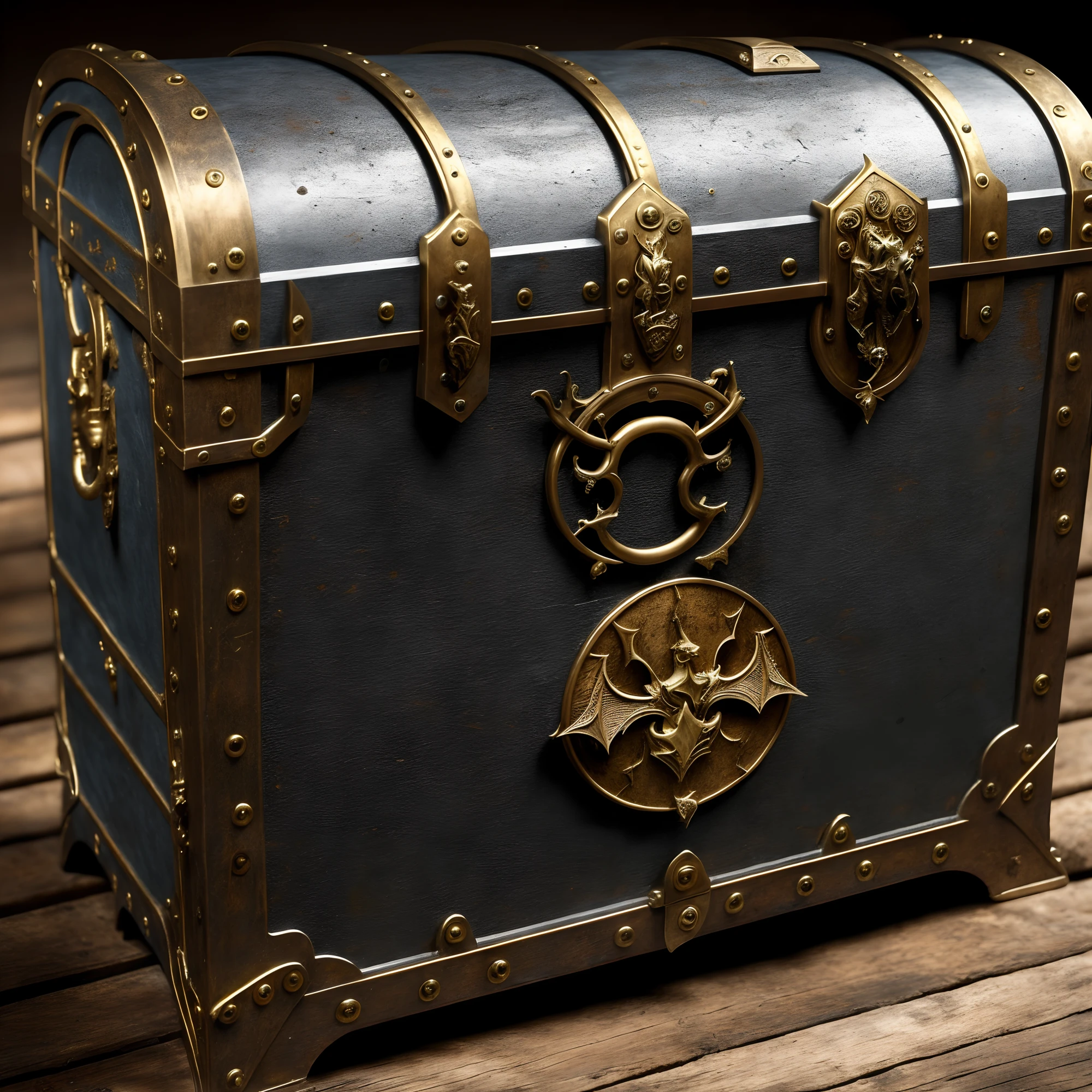 Realism and metal trim treasure chest opened on a table,The chest is adorned with a bat pattern,motley,full,ultra-detailed, realistic, hyper-realistic,volumetric lighting,atmospheric lighting,background out of focus