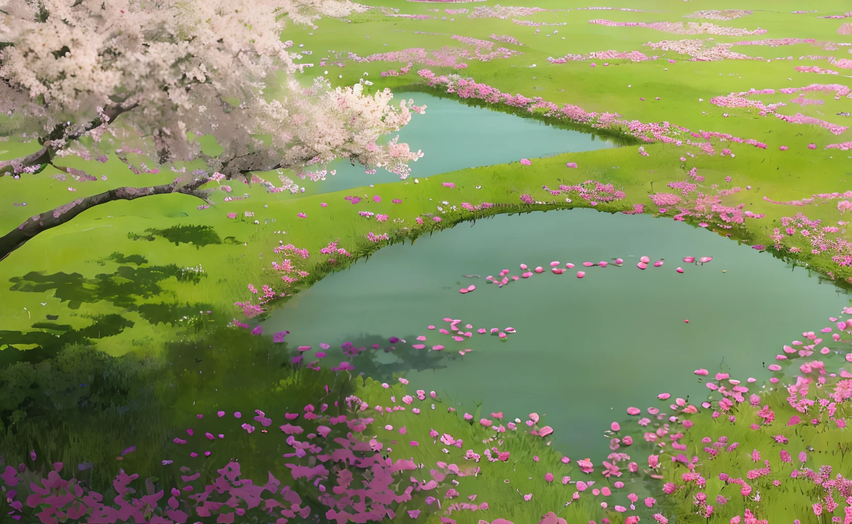 ConceptArt，large pear trees with white flowers ，pond ， village.  Chinese rural brick-and-tile houses,  spring sunshine is bright，Colorful，2Dstyle，Low saturation
