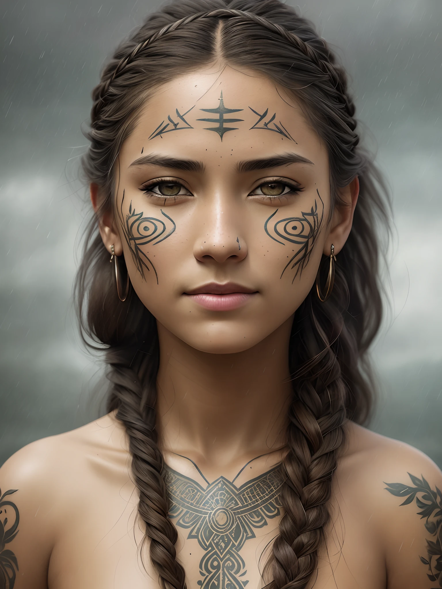 a portrait photo, native, indigenous, tribal, natural skin texture, 24mm, 4k textures, dirty skin, soft cinematic light, adobe lightroom, photolab, smiling, bandana, detailed rain, detailed braided pigtails, tattoos, masterpiece, (beautiful detailed light brown eyes:1.1), best quality,  illustration, (detailed lighting:1.2),  (beautiful detailed glow:1.3),  leather clothing, deep cleavage,  intricate, digital painting, smooth, sharp focus, end of the world, epic realistic, (hdr:1.4), (muted colors:1.4), neutral colors, night, screen space refractions, (intricate details, hyperdetailed:1.3), cinematic shot, vignette, sea ship deck background, native battle background, dim colors