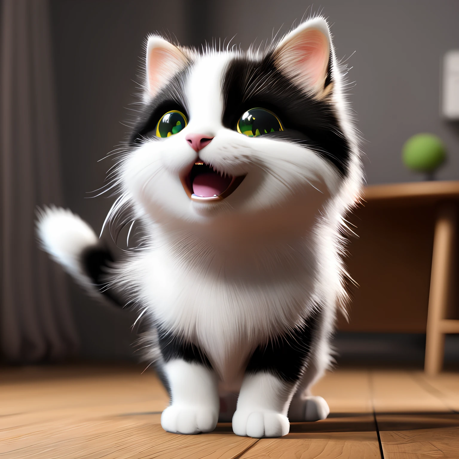 Cute adorable little cat waving and smiling greeting me, unreal engine, cozy interior lighting, black and white hair, art station, detailed digital painting, cinematic, character design by mark ryden and pixar and hayao miyazaki, unreal 5, daz, hyper realistic, octane render, 3DMDT1
