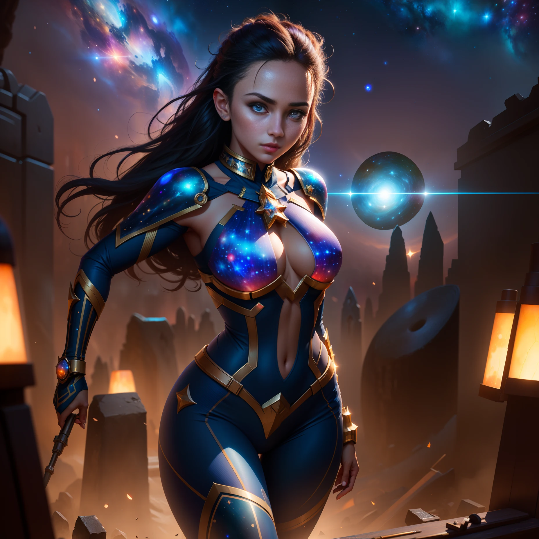 Highly detailed RAW color Photo, beautiful young girl, dynamic pose, (wide hips), (detailed skin), (detailed lips), (detailed eyes), (cosmic:1.4), (necropolis:1.1), (Sci-Fi setting) (detailed face), (curvy), detailed eyes, chromatic aberration, depth of field, soft lighting, masterpiece, best quality, intricate, (lens flare:0.7), (bloom:0.7), particle effects, raytracing, tone mapped, highly detailed, concept art, smooth, sharp focus, dramatic lighting, highly detailed artwork, cinematic, hyper realistic painting, trending on Artstation, 8K, incredible shadows, realistic, (highly detailed background:1.2), art by midjourney