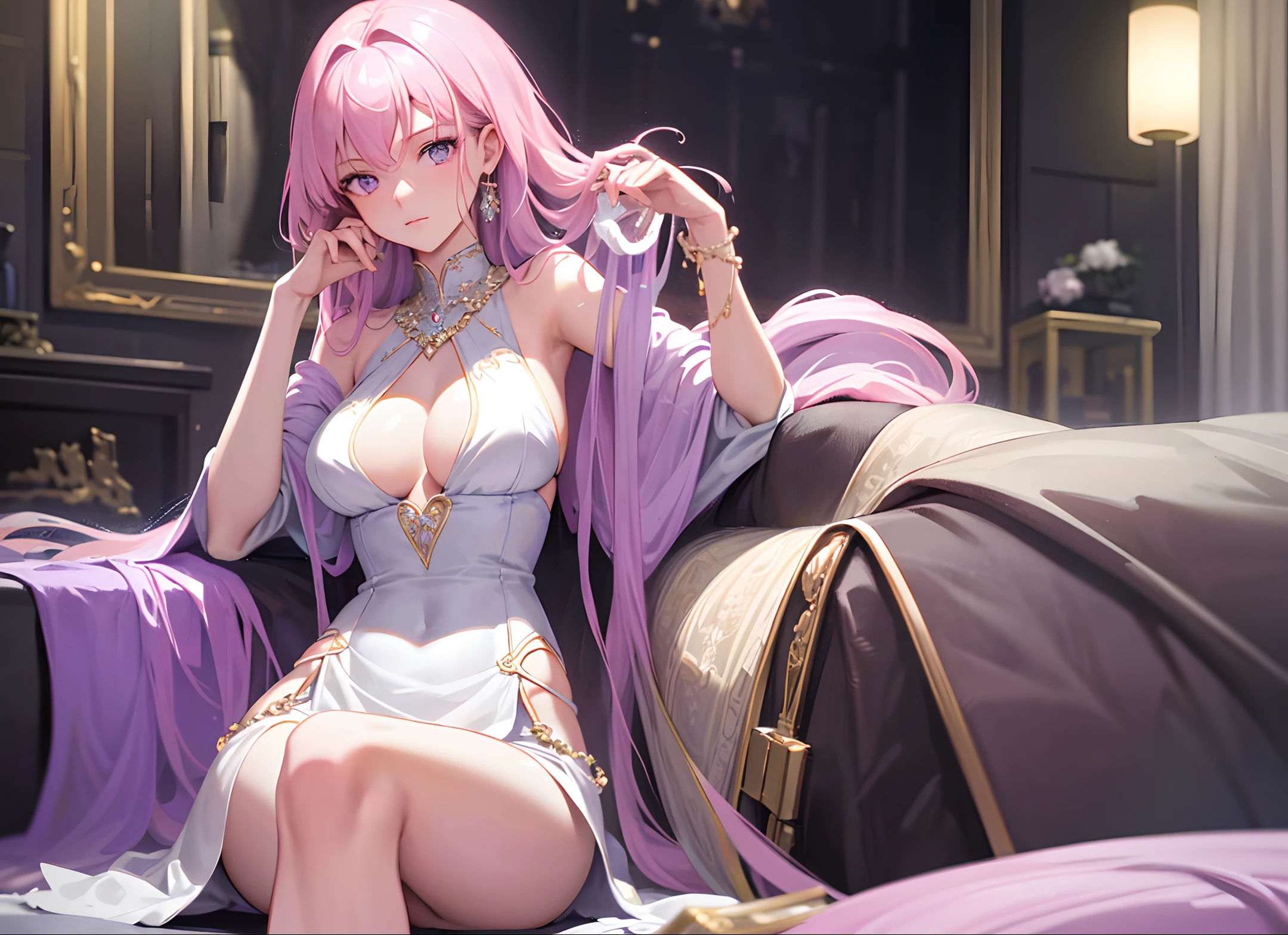 (unparalleled masterpiece, sidelighting, finely detailed beautiful eyes: 1.2), 1 girl, ultra realistic 8k CG, perfect artwork,upper body, shiny hair, glowing eyes, lustrous skin, realistic, 3d face, perfect female figure, mature female, milf, narrow waist, sitting inside a carriage ,seductive posture, sexy pose, alluring,prestige, gorgeous, luxury,jewelry, light pink hair, purple eyes, luxurious royal robe, thigh, loose clothing