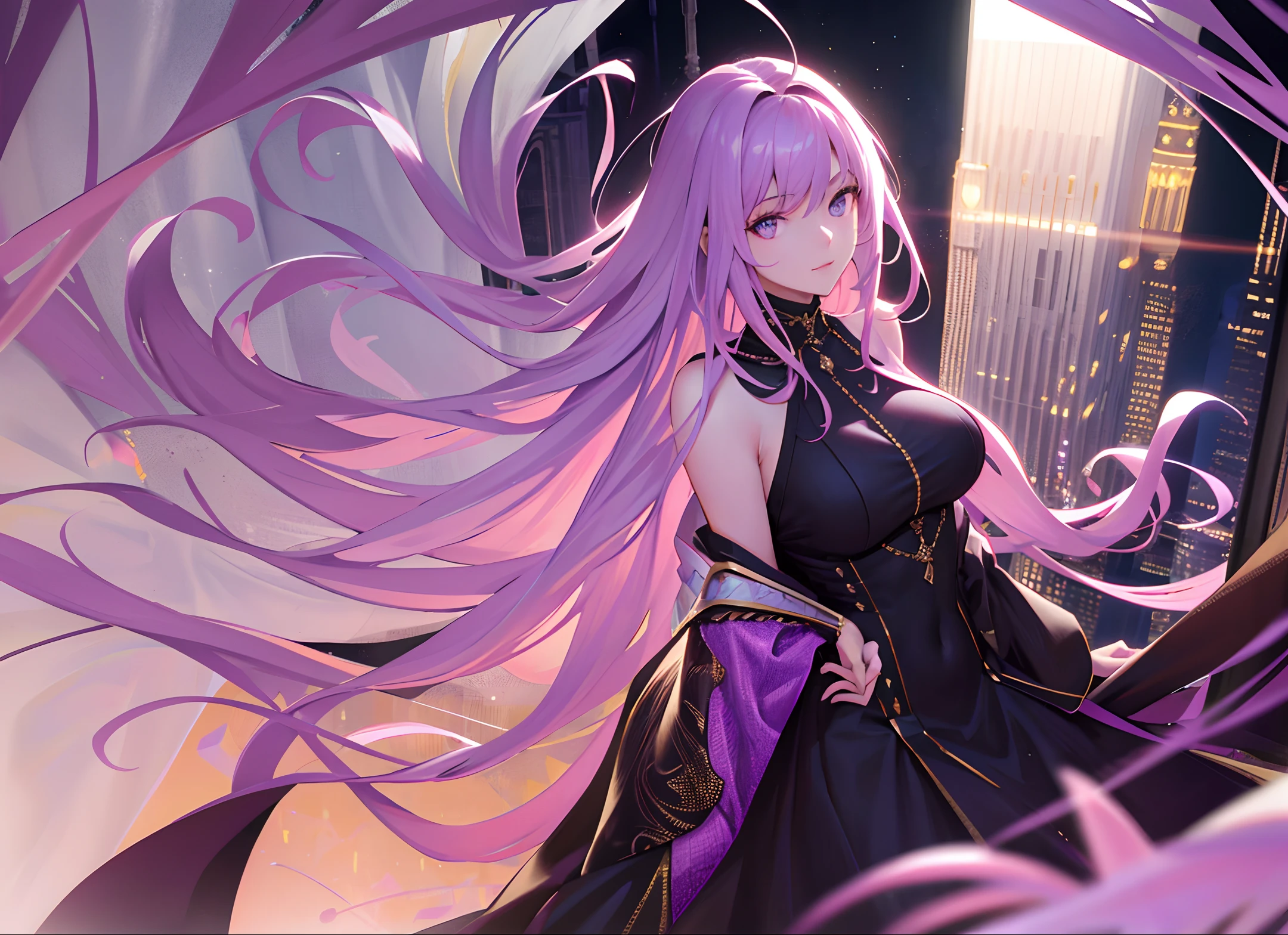 (unparalleled masterpiece, sidelighting, finely detailed beautiful eyes: 1.2), 1 girl, ultra realistic 8k CG, perfect artwork,upper body, shiny hair, glowing eyes, lustrous skin, realistic, 3d face, perfect female figure, mature female, milf, narrow waist, overlooking ancient city from balcony, alluring,prestige, gorgeous, luxury jewelry, light pink hair, purple eyes, luxurious royal robe