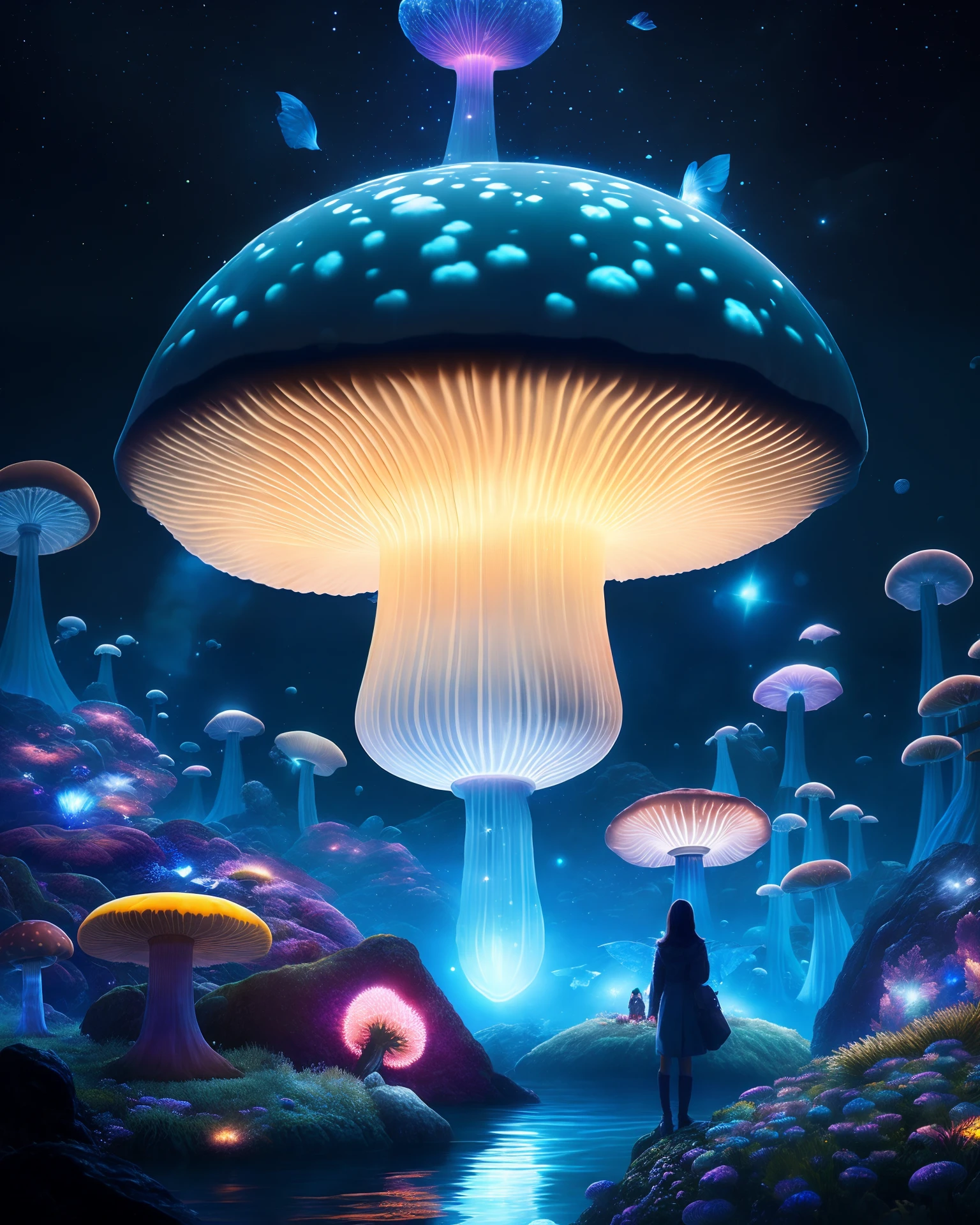 Mushroom world is my home. Massive virtual glowing bioluminescent mushroom mega-city Realistic details of jellyfish floating in the dark sea, on dark nights, metropolis is like a mushroom forest spiritual journey, universe, heaven, God Ray, gorgeous details, film, professional, masterpiece, commission, best quality, color correction, Fixed at post, CHV3SSciFi, CHV3SUrban, CHV3SWorld, CHV3SMacro, CHV3SDark