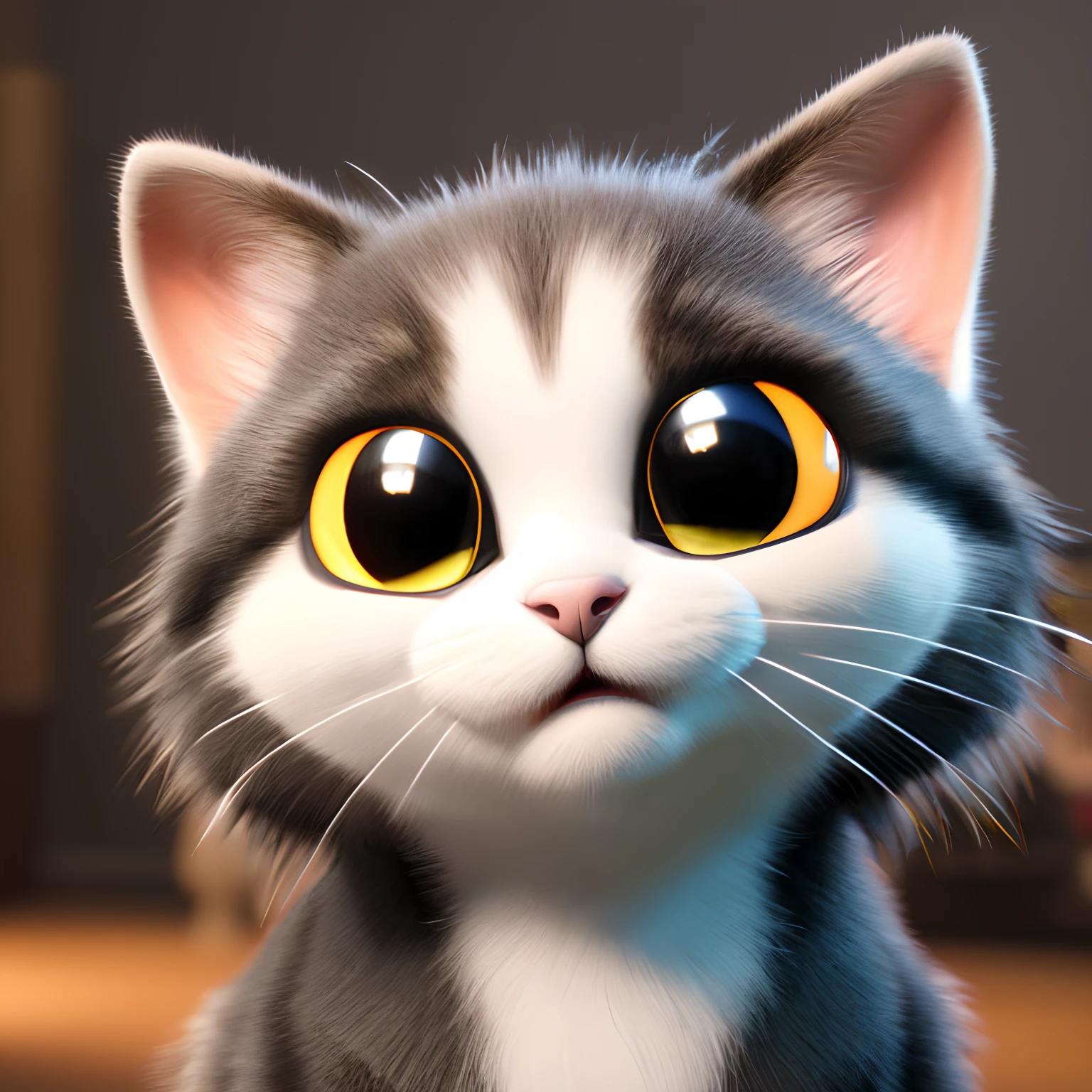 Cute adorable cat smiling greeting me, unreal engine, cozy interior lighting, dark gray hair, art station, detailed digital painting, cinematic, character design by mark ryden and pixar and hayao miyazaki, unreal 5, daz, hyper realistic, octane render, 3DMDT1