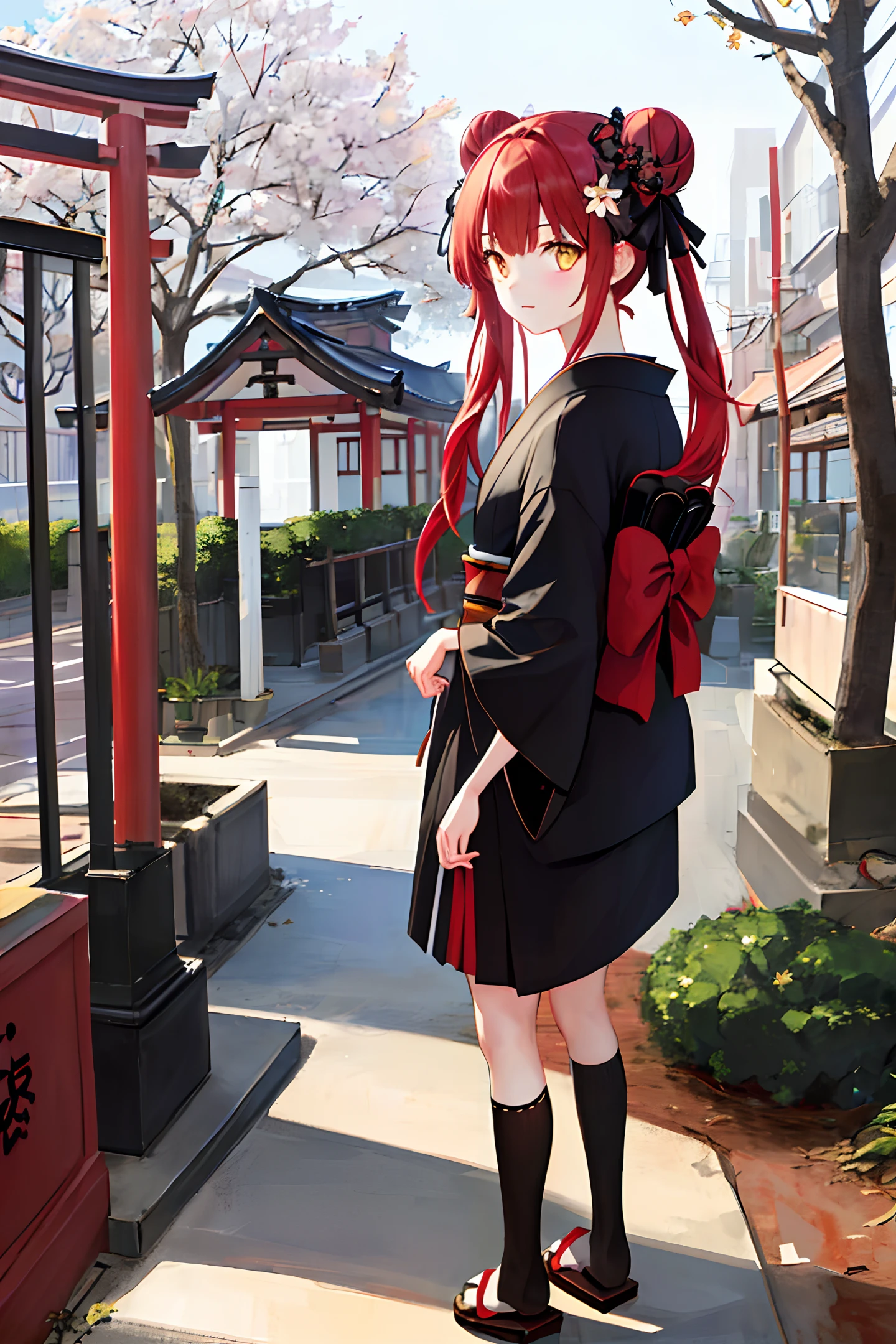 ((masterpiece,best quality)),2girls, black kimono, black legwear, black ribbon, black hair, cherry blossoms, day, flower, hair bun, hair ribbon, japanese clothes, kimono, long hair, looking at viewer, looking back, multiple girls, obi, outdoors, red eyes, red hair, ribbon, sandals, single hair bun, stairs, standing, statue, torii, tree, white kimono, yellow eyes