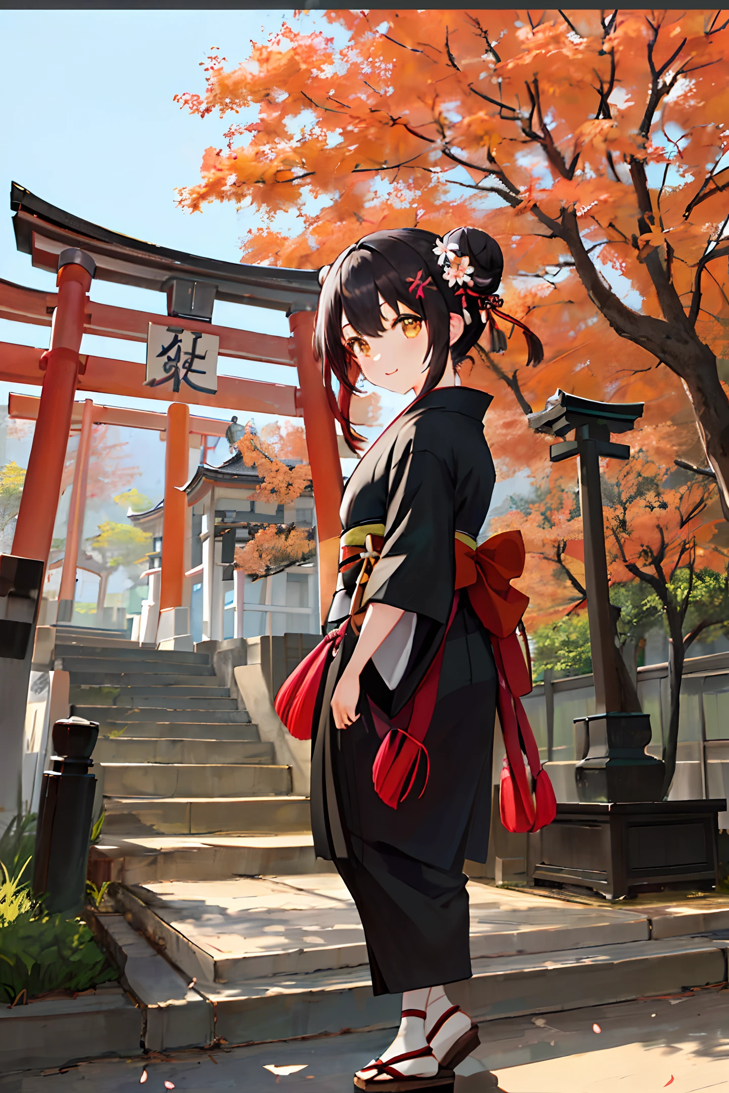 ((masterpiece,best quality)),2girls, black kimono, black legwear, black ribbon, black hair, cherry blossoms, day, flower, hair bun, hair ribbon, japanese clothes, kimono, long hair, looking at viewer, looking back, multiple girls, obi, outdoors, red eyes, red hair, ribbon, sandals, single hair bun, stairs, standing, statue, torii, tree, white kimono, yellow eyes