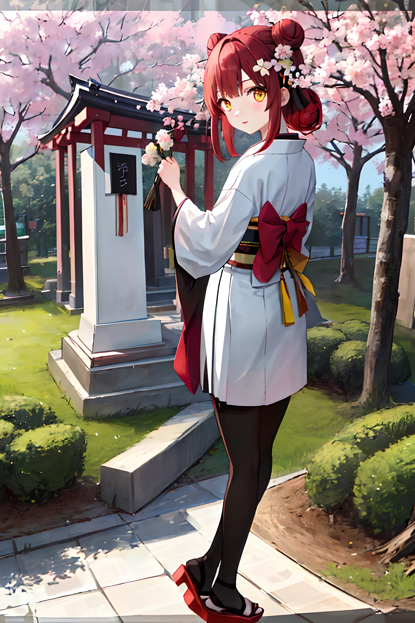 ((masterpiece,best quality)),2girls, black kimono, black legwear, black ribbon, black hair, cherry blossoms, day, flower, hair bun, hair ribbon, japanese clothes, kimono, long hair, looking at viewer, looking back, multiple girls, obi, outdoors, red eyes, red hair, ribbon, sandals, single hair bun, stairs, standing, statue, torii, tree, white kimono, yellow eyes