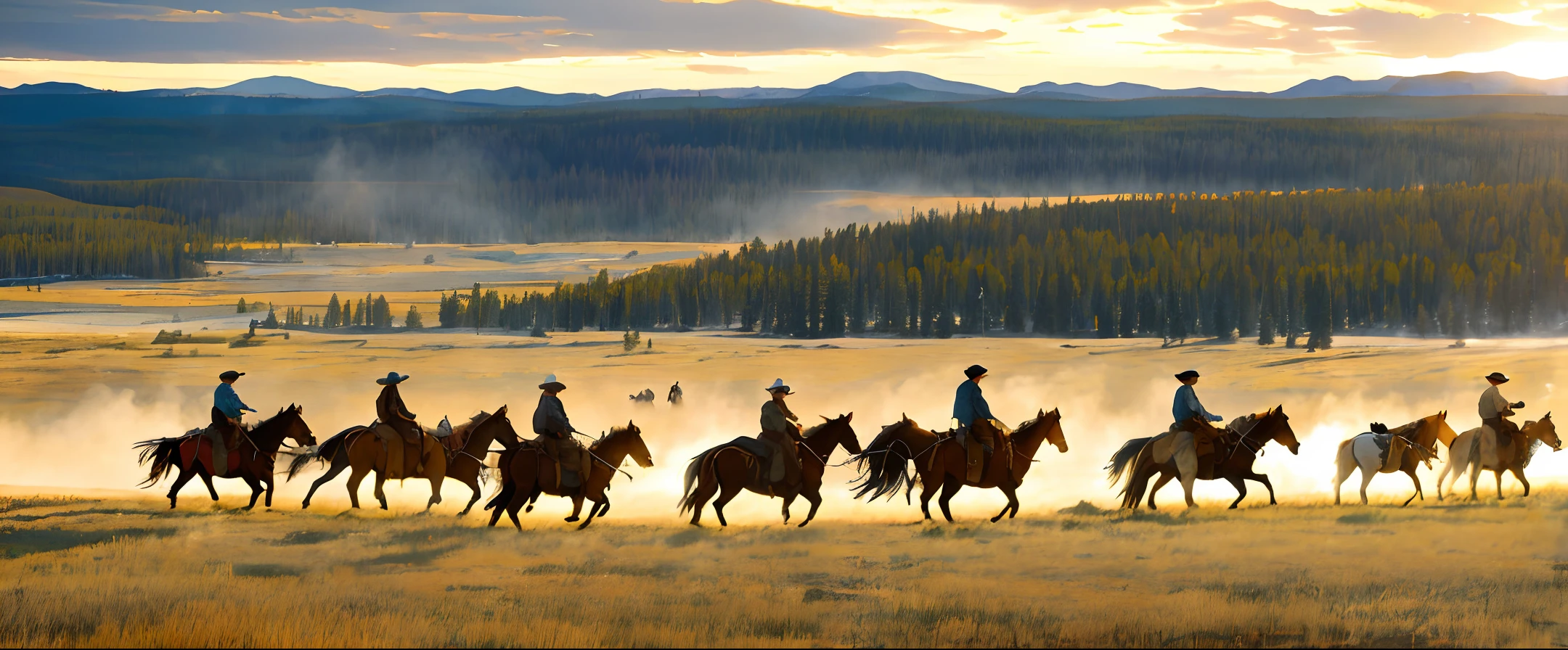"Magnificent masterpiece depicting the untamed wilderness of Yellowstone - a sprawling expanse of western scenery bristling with untold stories waiting to be told. Galloping towards the horizon, (a small number) cowboys on their trusted steeds ride into view - the sun glinting off their shotguns and cowboy hats, their passion for adventure palpable in every frame."