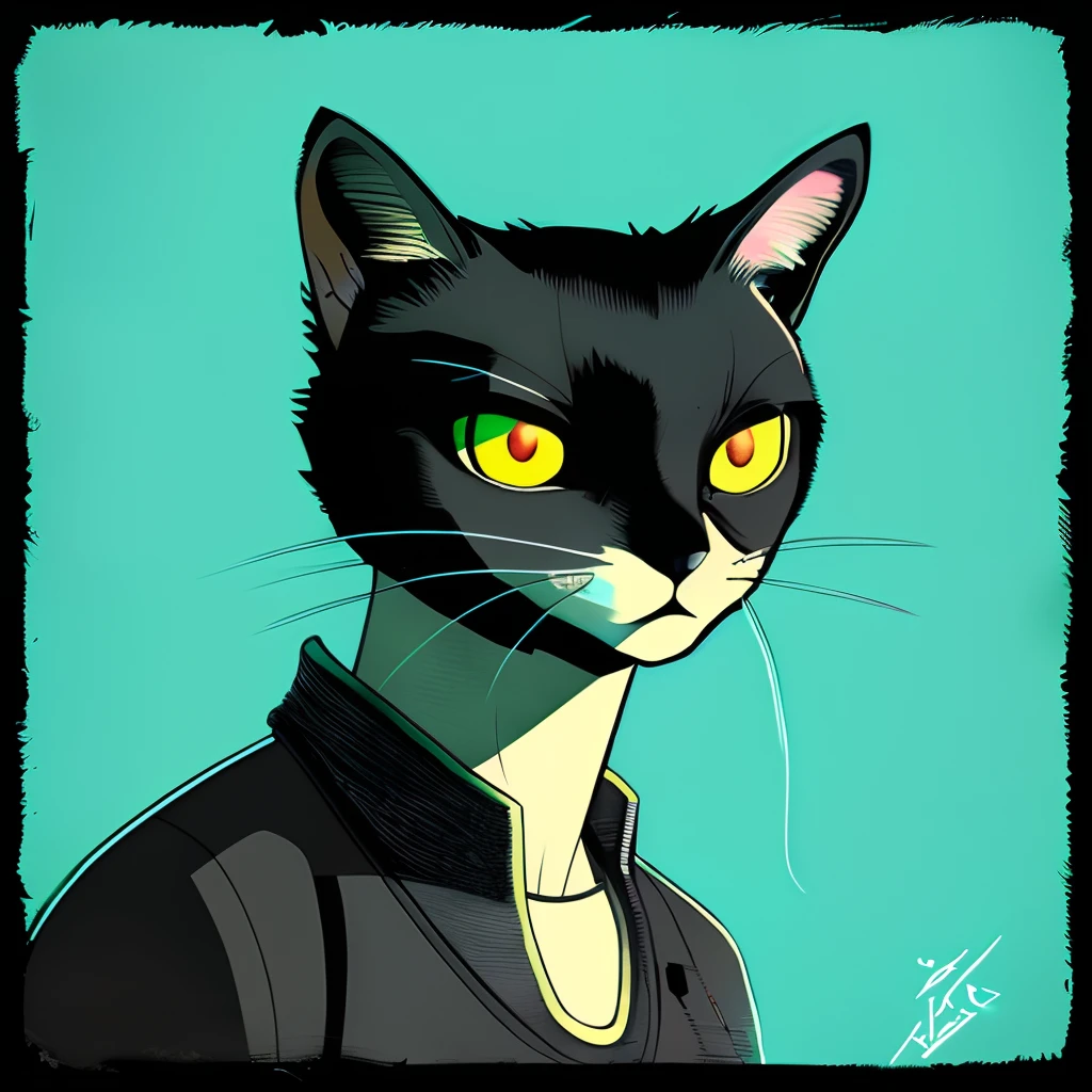 A cat , Dark gray hair, ComplexLA style, nvinkpunk, marioalberti artstyle,  ghibli style