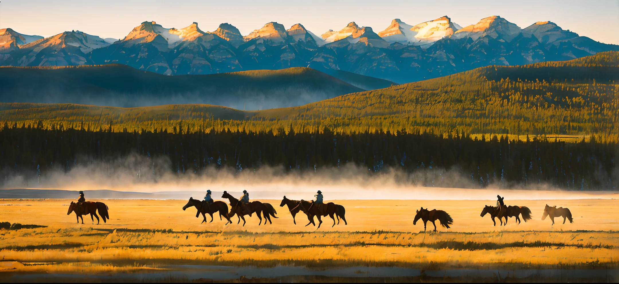 "Magnificent masterpiece depicting the untamed wilderness of Yellowstone - a sprawling expanse of western scenery bristling with untold stories waiting to be told. Galloping towards the horizon, (5 rugged cowboys :1.1) on their trusted steeds ride into view - the sun glinting off their shotguns and cowboy hats, their passion for adventure palpable in every frame."