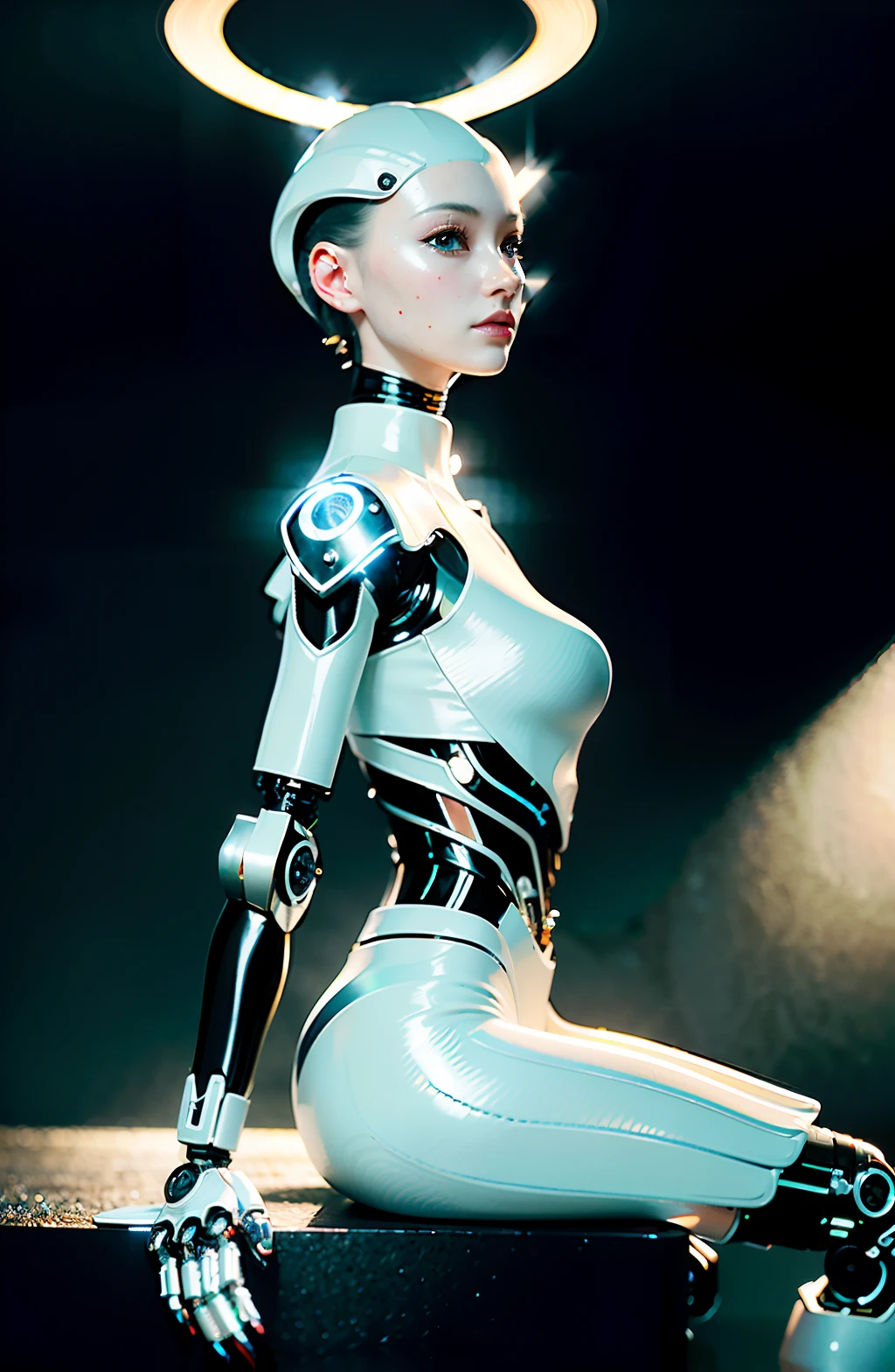 complex 3d render ultra detailed of a beautiful porcelain profile woman android face, cyborg, robotic parts, 150 mm, beautiful studio soft light, rim light, vibrant details, luxurious cyberpunk, lace, hyperrealistic, anatomical, facial muscles, cable electric wires, microchip, elegant, beautiful background, octane render, H. R. Giger style, 8k, best quality, masterpiece, illustration, an extremely delicate and beautiful, extremely detailed ,CG ,unity ,wallpaper,Amazing, finely detail, masterpiece,best quality,official art, extremely detailed CG unity 8k wallpaper, robot, silver halmet, ((full body)), sitting