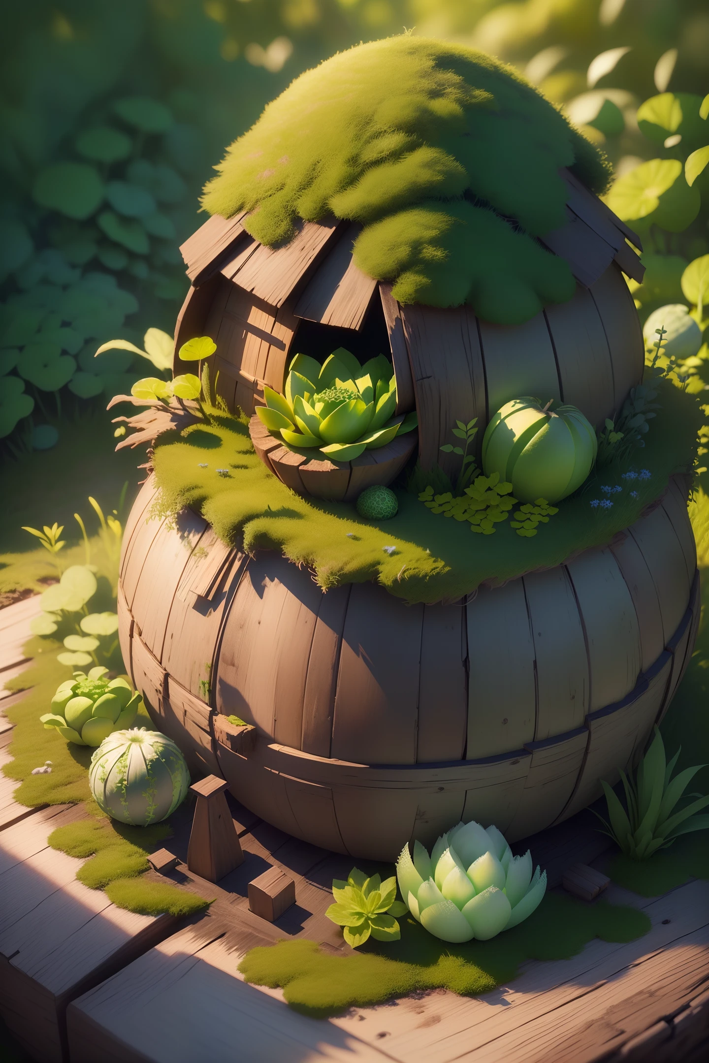 (((front view))), masterpiece, best quality, (extremely detailed CG unity 8k wallpaper), (best quality), (best illustration), (best shadow), A round turnip hut covered with moss, isometric 3D, octane render,ray tracing,ultra detailed