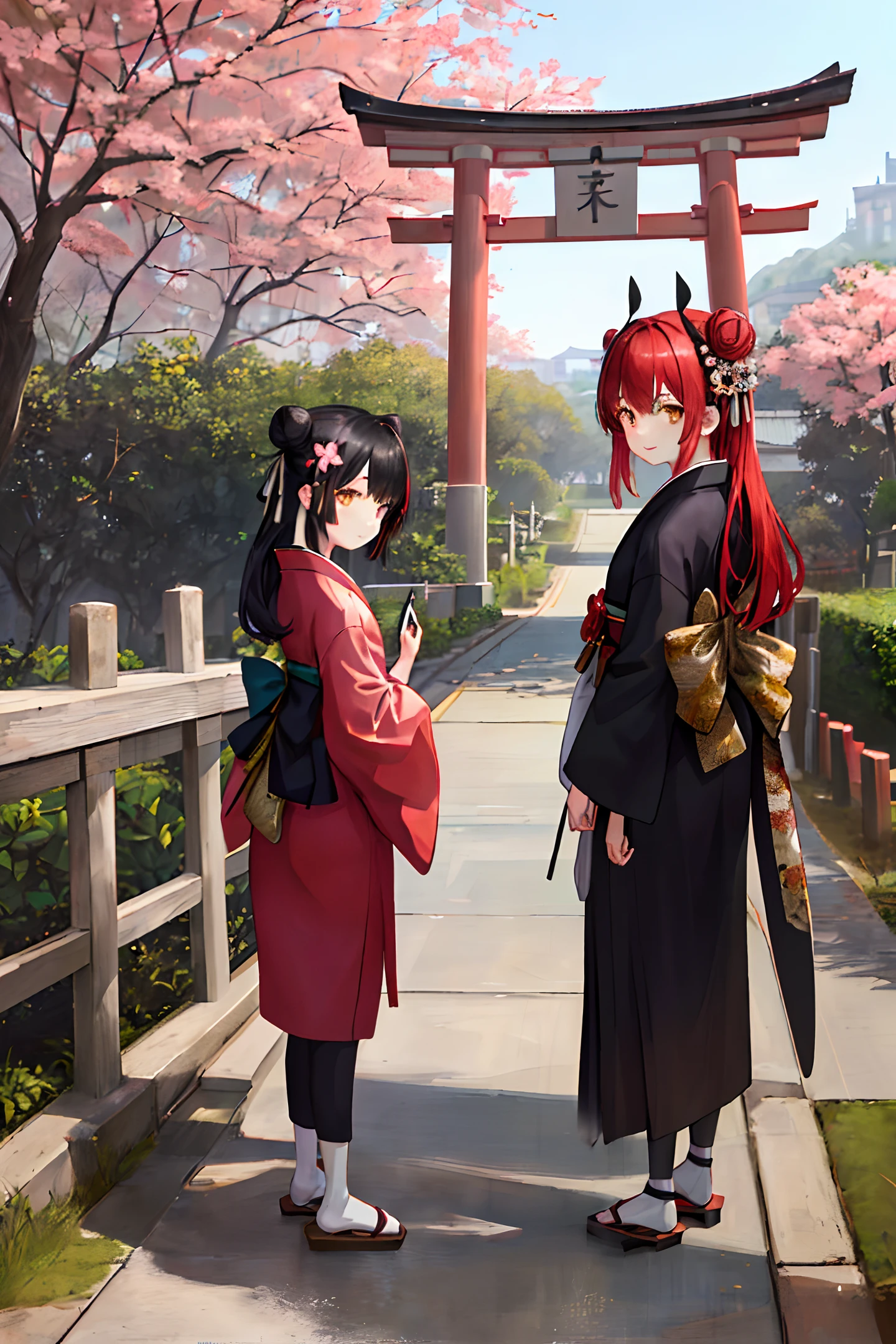 ((masterpiece,best quality)),2girls, black kimono, black legwear, black ribbon, black hair, cherry blossoms, day, flower, hair bun, hair ribbon, japanese clothes, kimono, long hair, looking at viewer, looking back, multiple girls, obi, outdoors, red eyes, red hair, ribbon, sandals, single hair bun, stairs, standing, statue, torii, tree, white kimono, yellow eyes