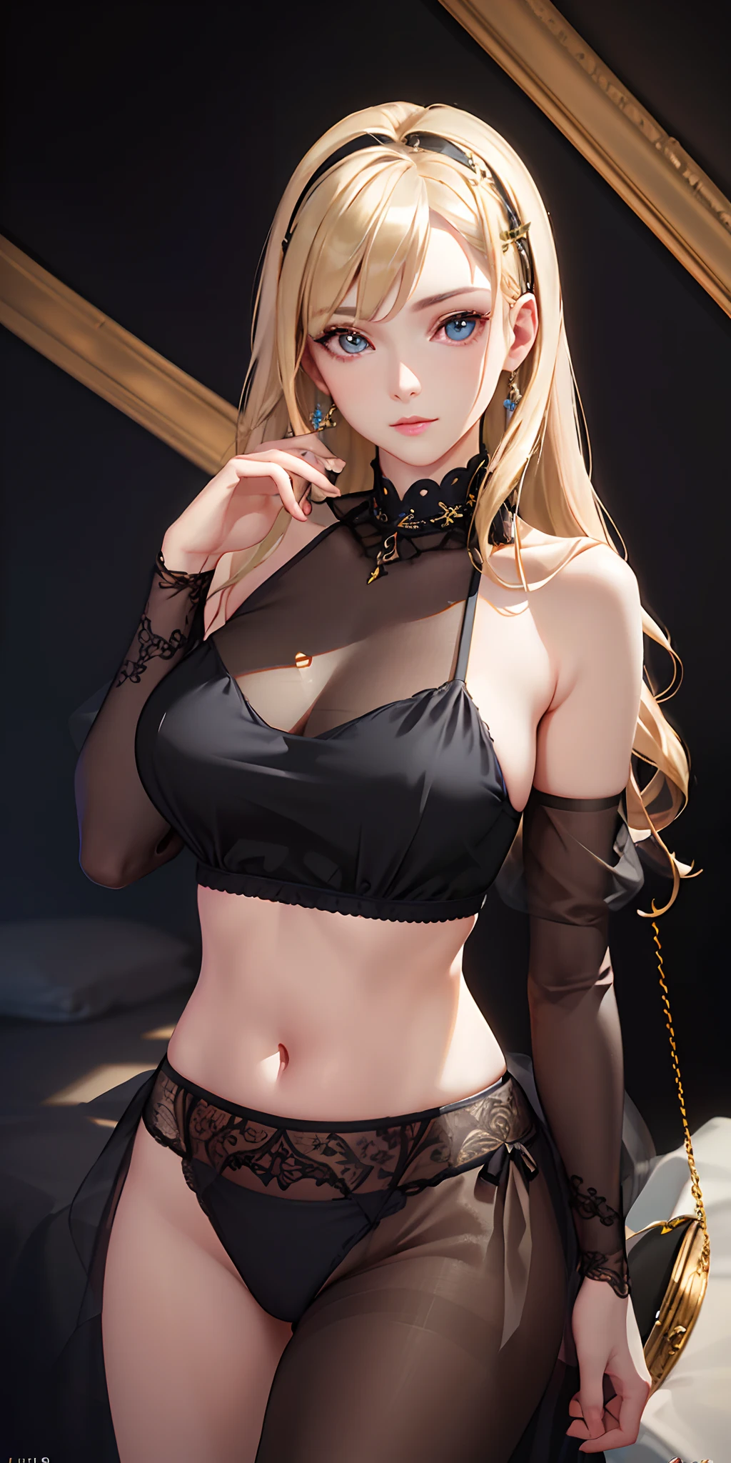 (photorealistic:1.4), (masterpiece, sidelighting, finely detailed beautiful eyes: 1.2), masterpiece*portrait, realistic, 3d face, glowing eyes, shiny hair, lustrous skin, solo, embarassed, (midriff), black underwear, blonde hair,