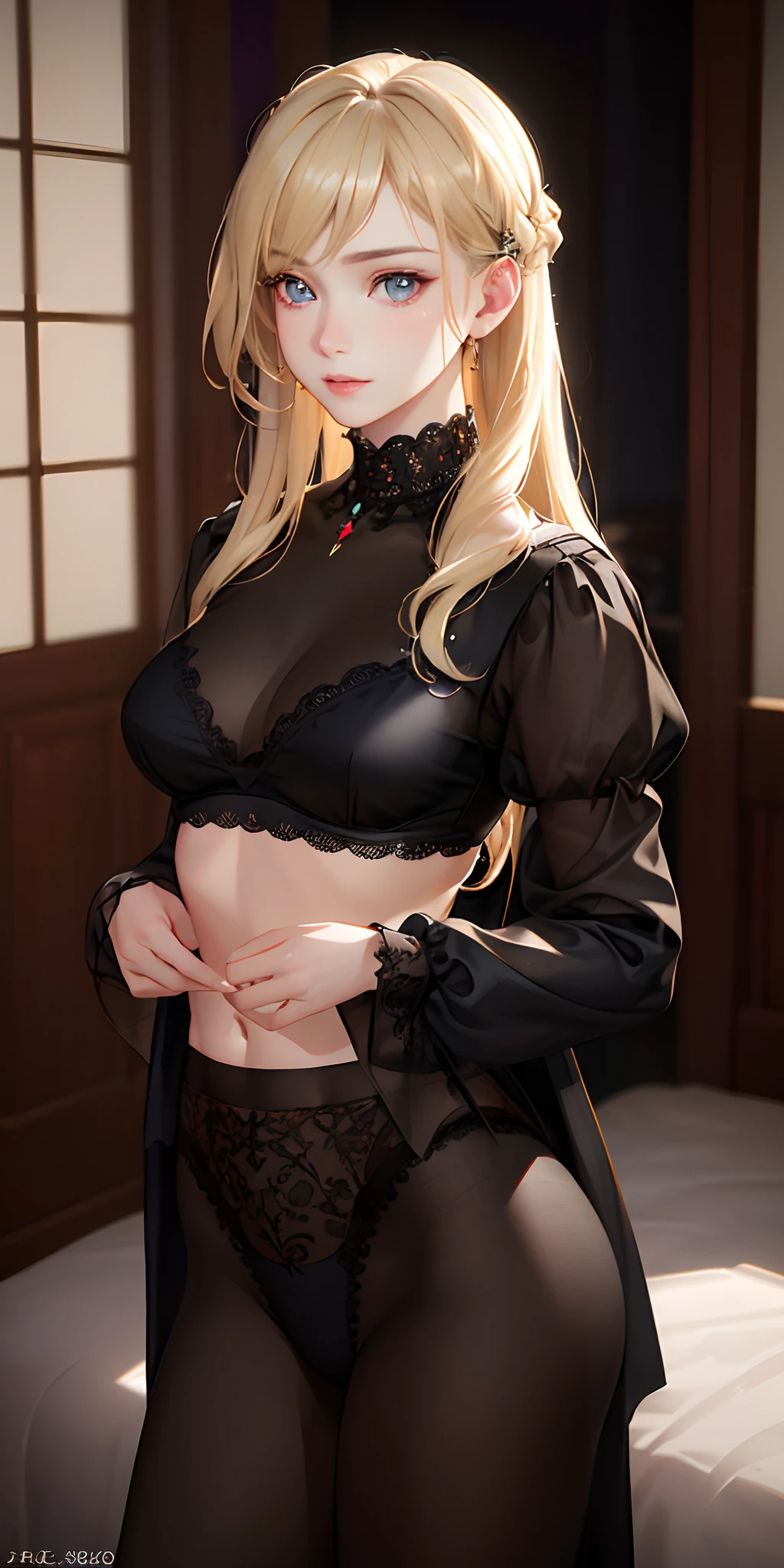 (photorealistic:1.4), (masterpiece, sidelighting, finely detailed beautiful eyes: 1.2), masterpiece*portrait, realistic, 3d face, glowing eyes, shiny hair, lustrous skin, solo, embarassed, (midriff), black underwear, blonde hair,