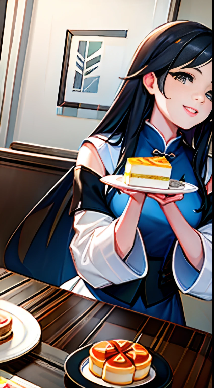 best quality, masterpiece, highres,Smile,Air bangs,1girl,Beautiful face,Warm light, day,chinese clothes, long hair, Looking directly at the audience, outdoors, white coat,black hair,in a garden, Eastern aesthetics, elegant, beautiful, detailed, vibrant colors, high contrast, dynamic lighting, realistic textures, traditional painting style, illustration aesthetic,two hands holding cake, tabletop, noodles, with bread and lemonade on the tabletop