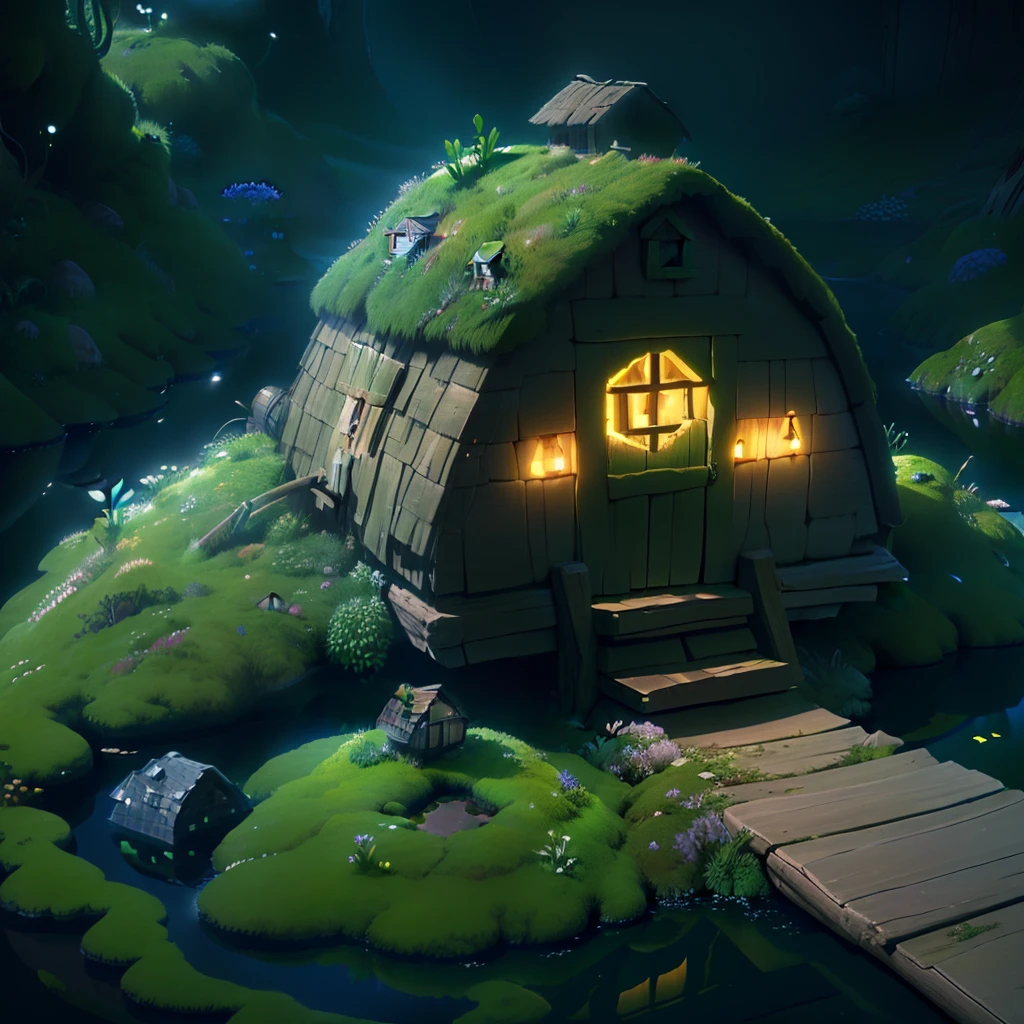 masterpiece, best quality, (extremely detailed CG unity 8k wallpaper), (best quality), (best illustration), (best shadow), A round turnip hut covered with moss, isometric 3D, octane render,ray tracing,ultra detailed