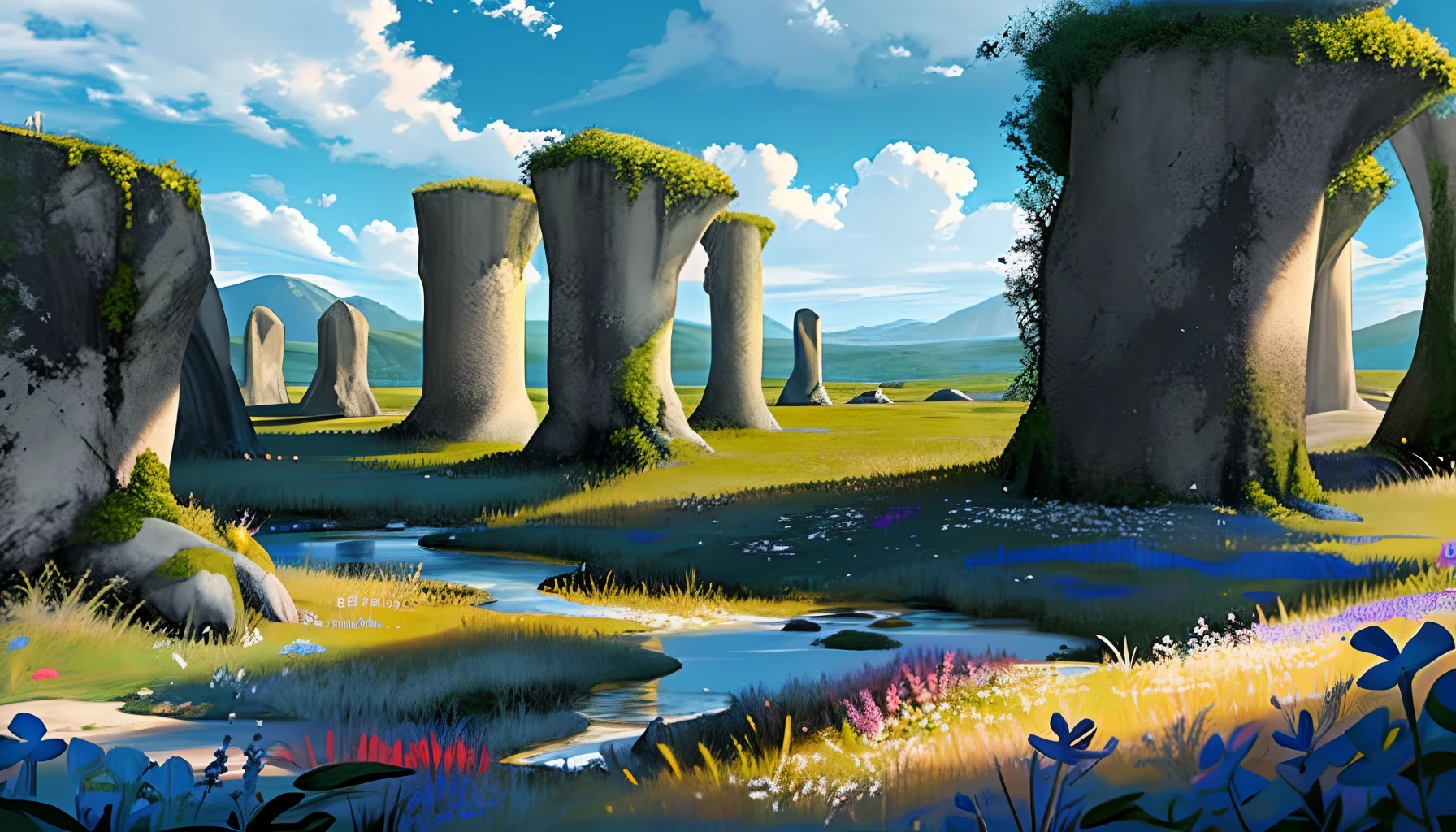 Conceptual art, no one, scenery, blue sky, white clouds, sketches, stones, wildflowers, forests, huge stones, covered with moss and wildflowers