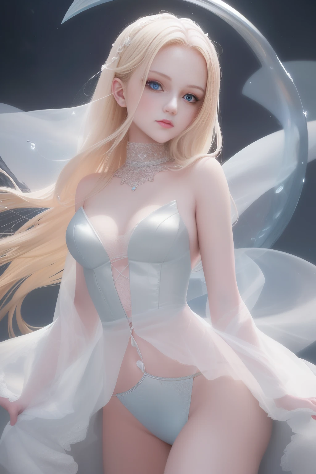 best quality,(masterpiece),an exquisitely (beautiful) girl with delicate features and a captivating gaze,perfectly lit to highlight her stunning (blue eyes),set against a (dreamy),otherworldly backdrop that evokes a sense of wonder and enchantment,blonde hair