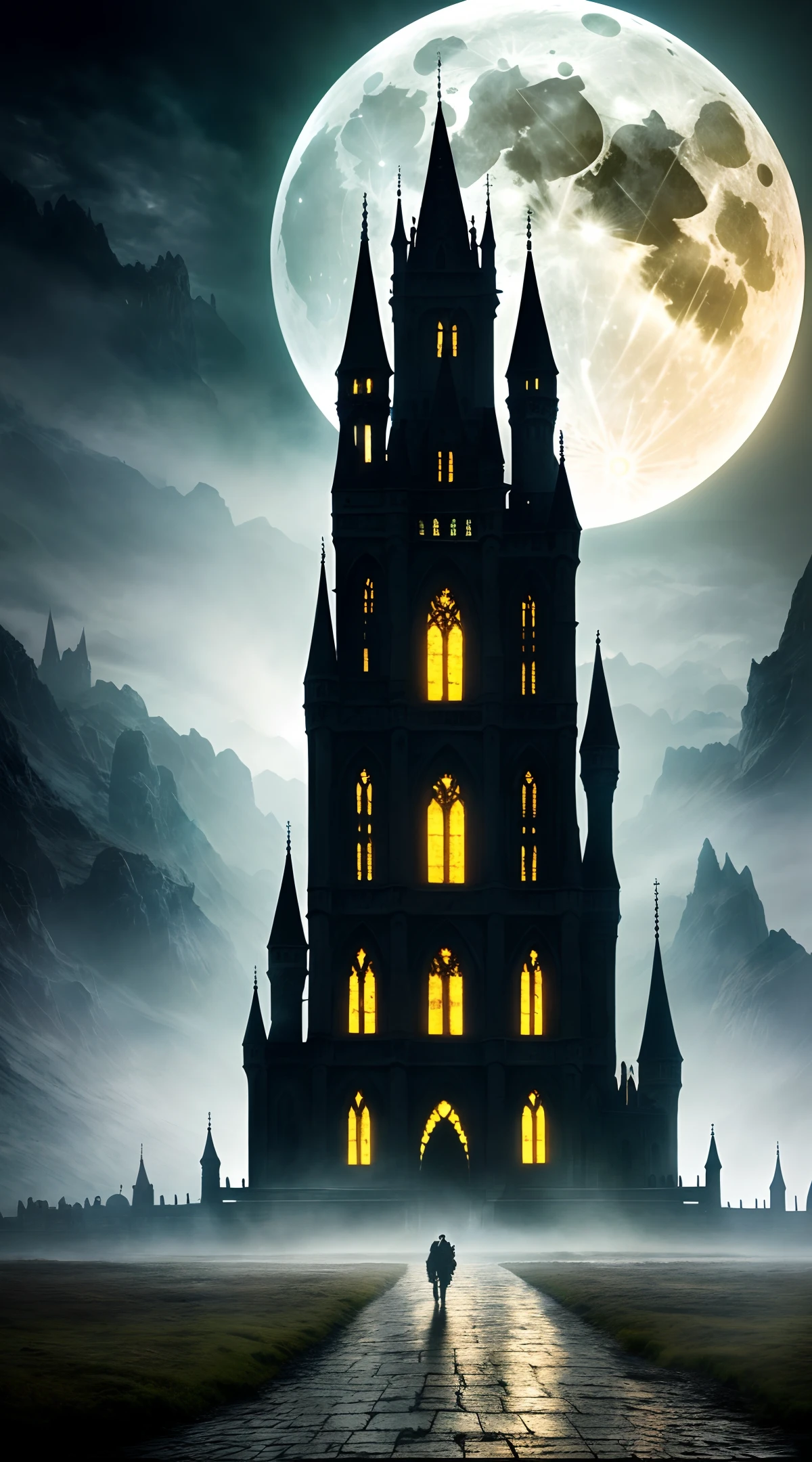 An awe-inspiring Gothic castle looms in the foreground of the painting against the backdrop of a full moon night. The scene is illuminated by dim and moody lighting that creates a mystical atmosphere,elegant,fantasy, global illumination, backlighting,bloom, ((cold light)), sharp focus, photo realistic, background out of focus, cinematic composition , ultra-detailed, realistic , hyper-realistic , volumetric lighting, 8k, trending on artstation