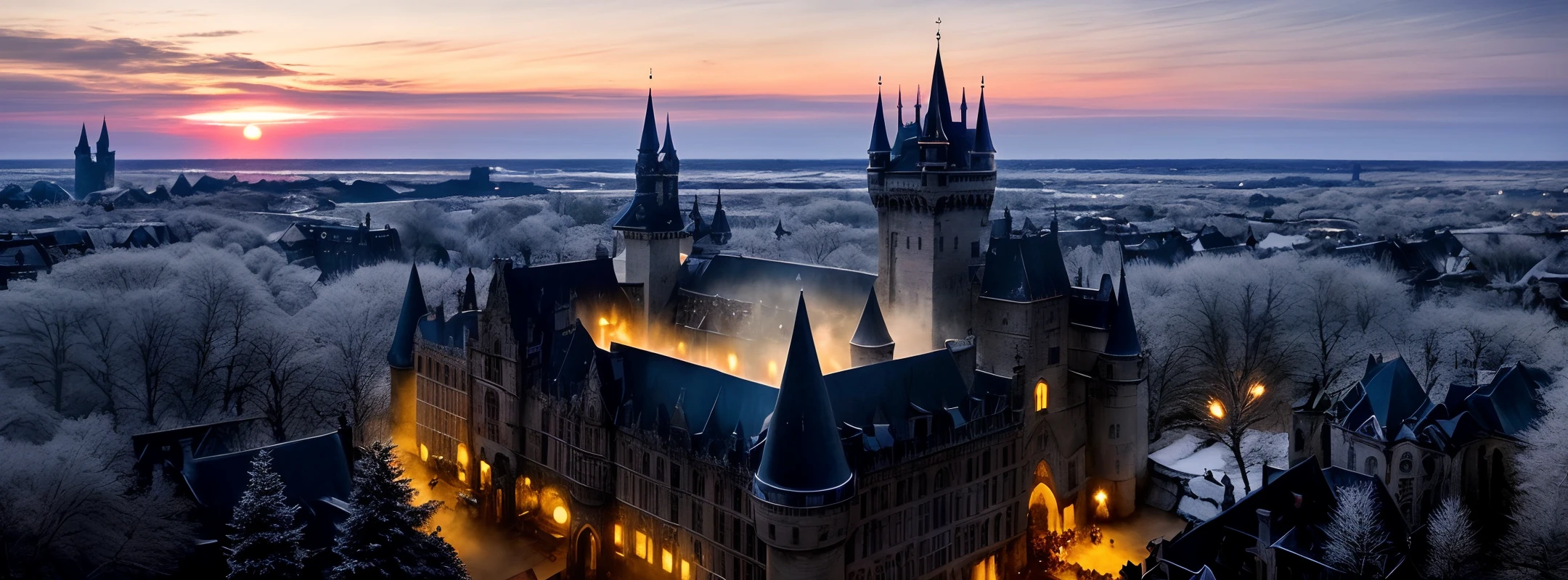 a medieval magic festival on a moonlit night, In the center of the image is 1 stunning Gothic castle that serves as the backdrop for the magic performances and activities taking place. Enchanted light effects add to the ethereal atmosphere of the scene,The color scheme is rich jewel tones with gold accents, adding to the magical vibe,elegant,fantasy, global illumination, backlighting,bloom, ((cold light)), sharp focus, photo realistic, background out of focus, cinematic composition , ultra-detailed, realistic , hyper-realistic , volumetric lighting, 8k, trending on artstation